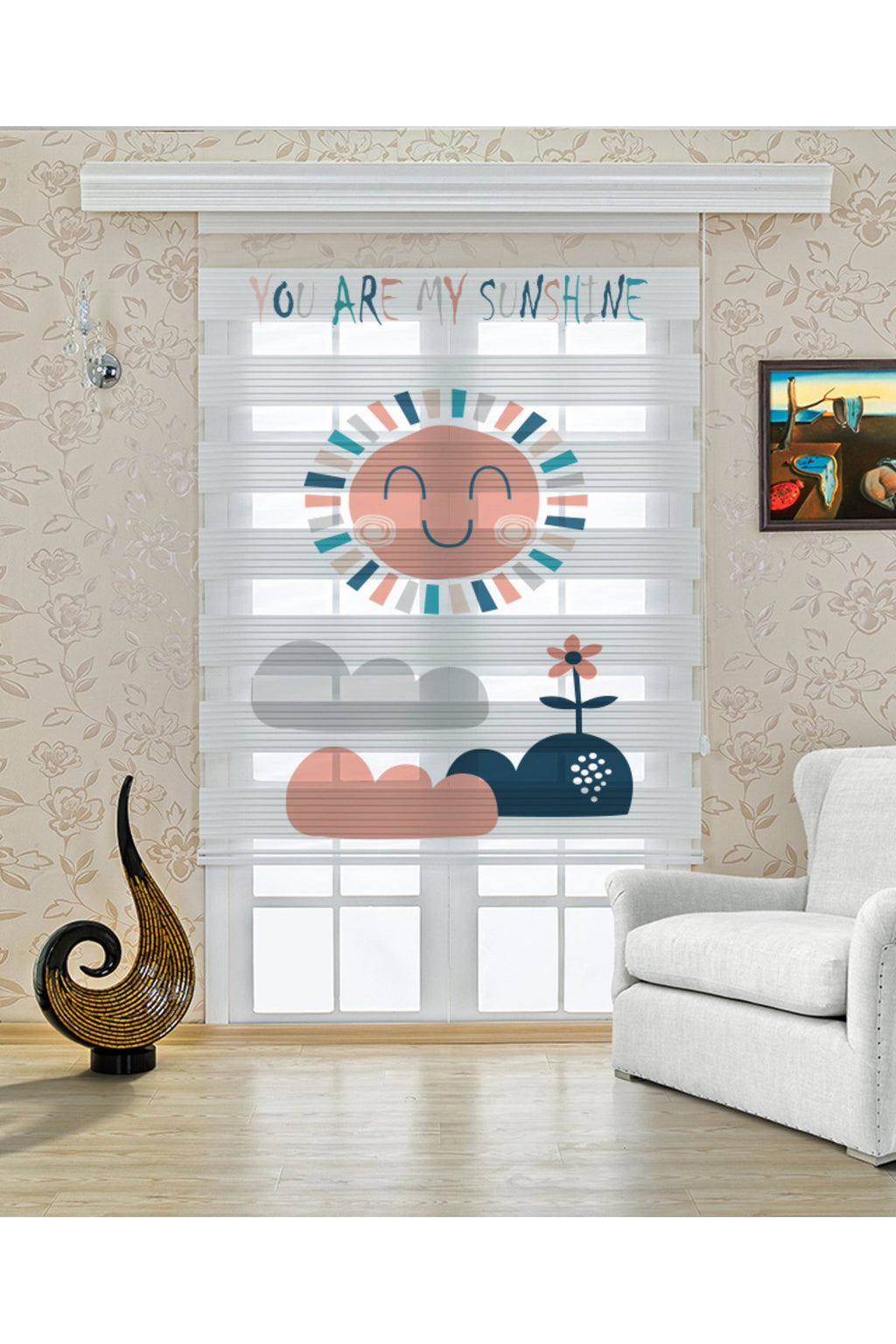 Çocuk odası – Gülümseyen Güneş ve Bulut Desenli Zebra Perde – YZN-317