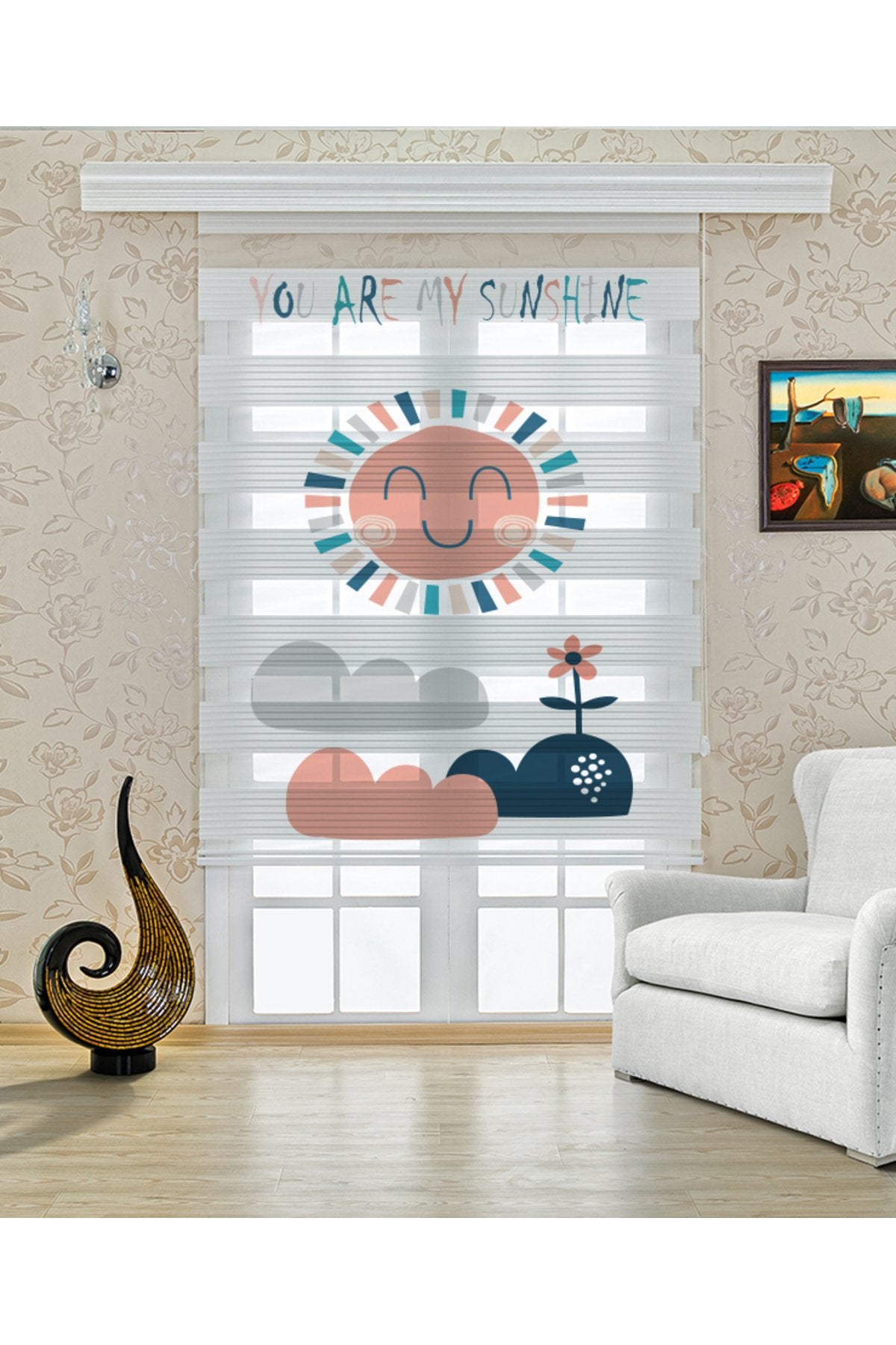 Çocuk odası – Gülümseyen Güneş ve Bulut Desenli Zebra Perde – YZN-317