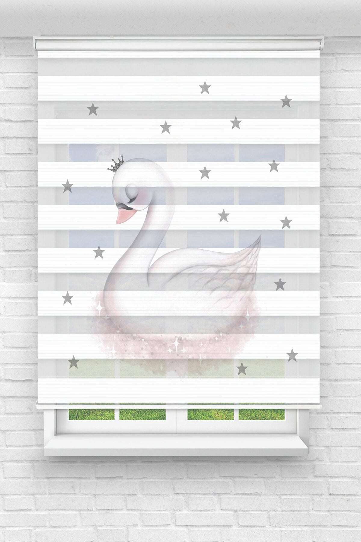 Çocuk odası – Gri Kuğu ve Yıldız baskılı Zebra Perde – YZN-204