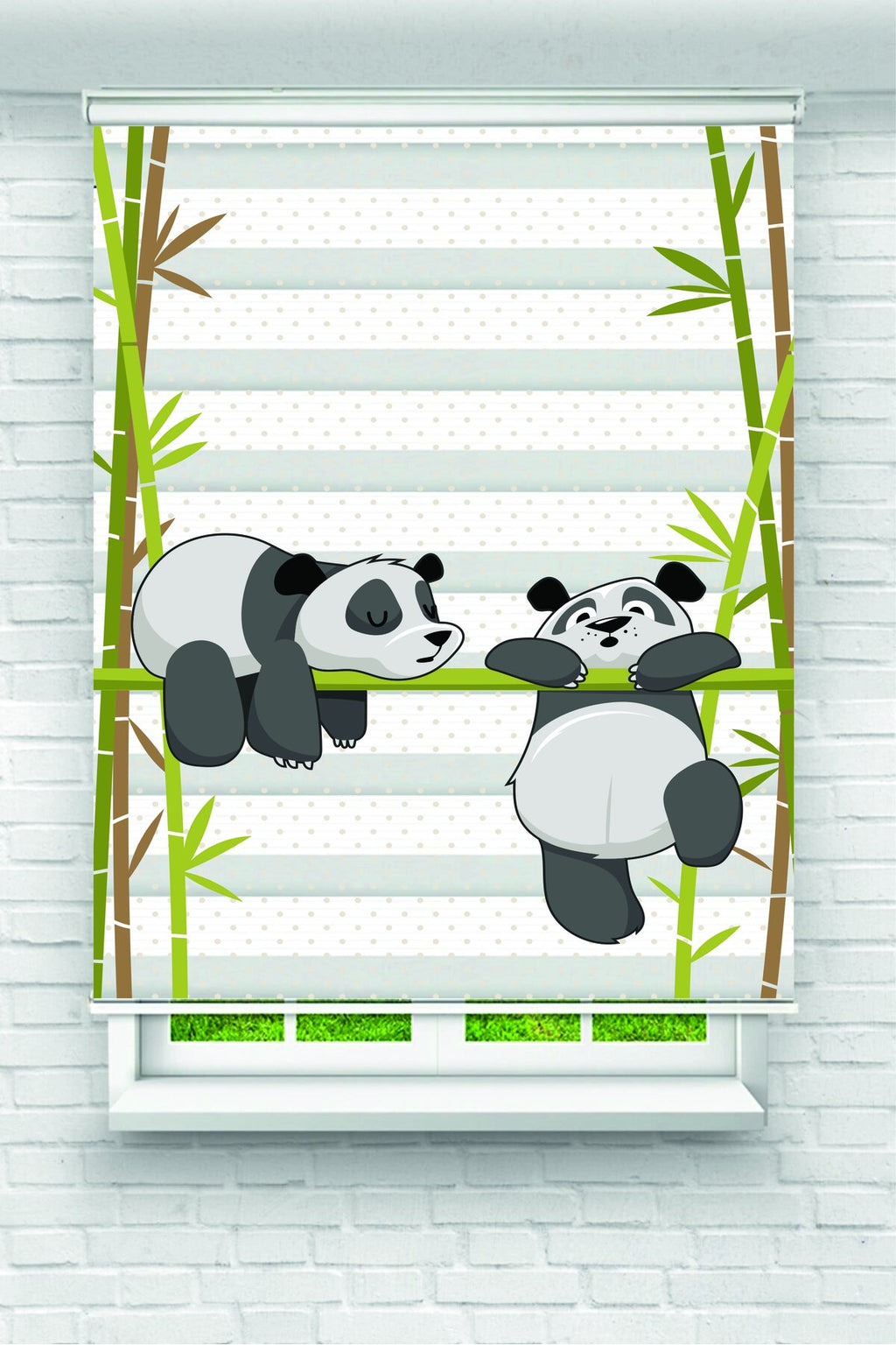 Bambu Dalları Arasında Oynayan Panda Çiftli Zebra Perde - YZN-1123