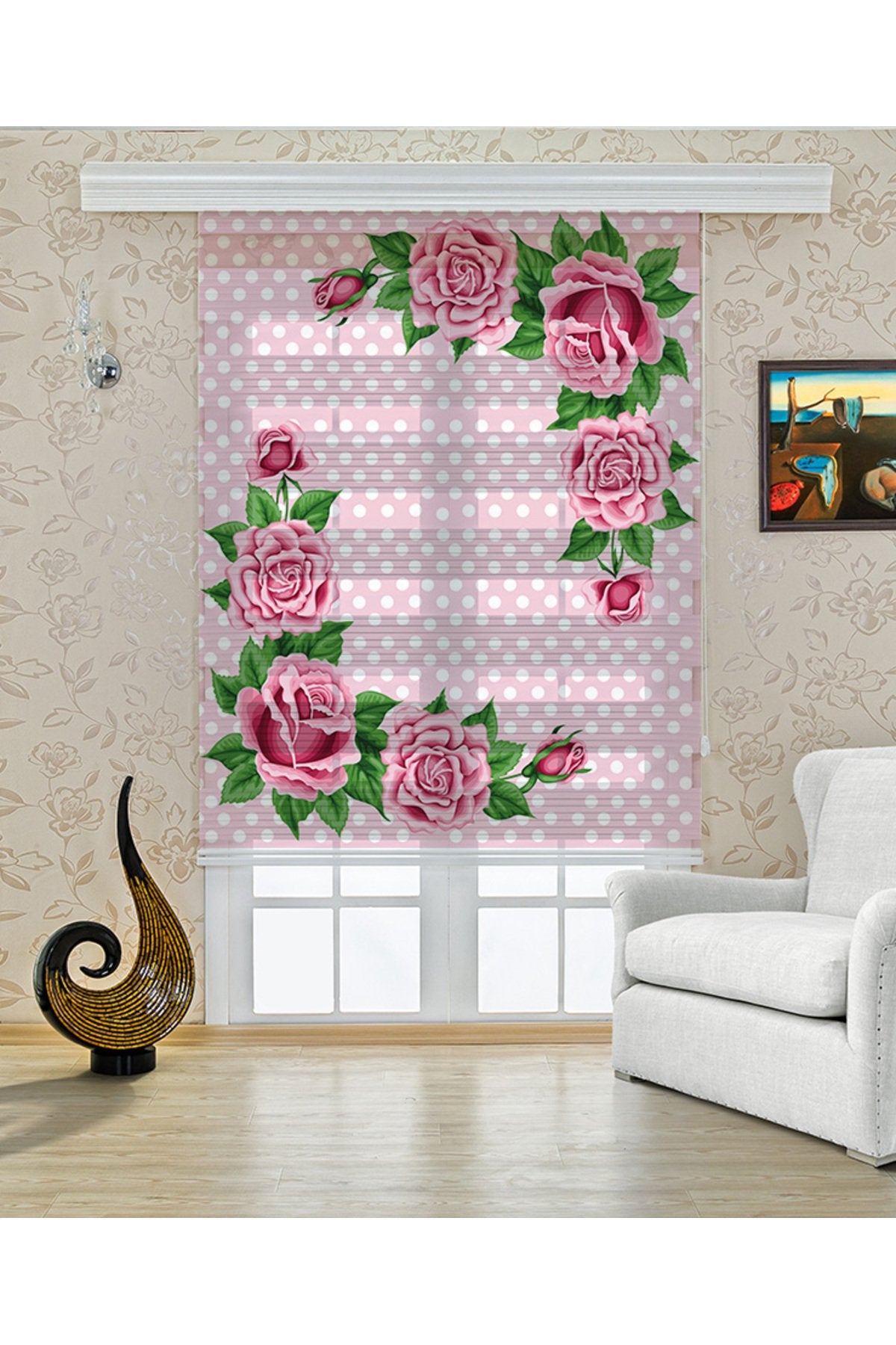 Çocuk odası – Pembe Gül Desenli Zebra Perde – YZN-243