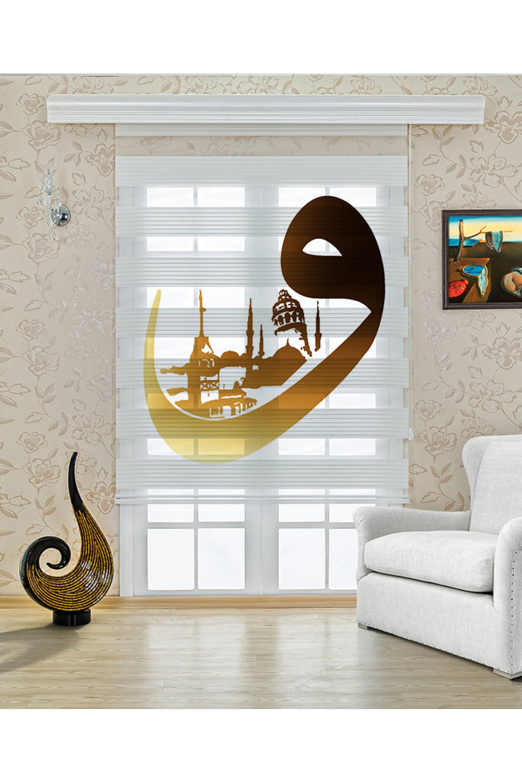 Salon – Altın Arapça Hat ve Cami Silüeti Desenli Zebra Perde – YZN-425