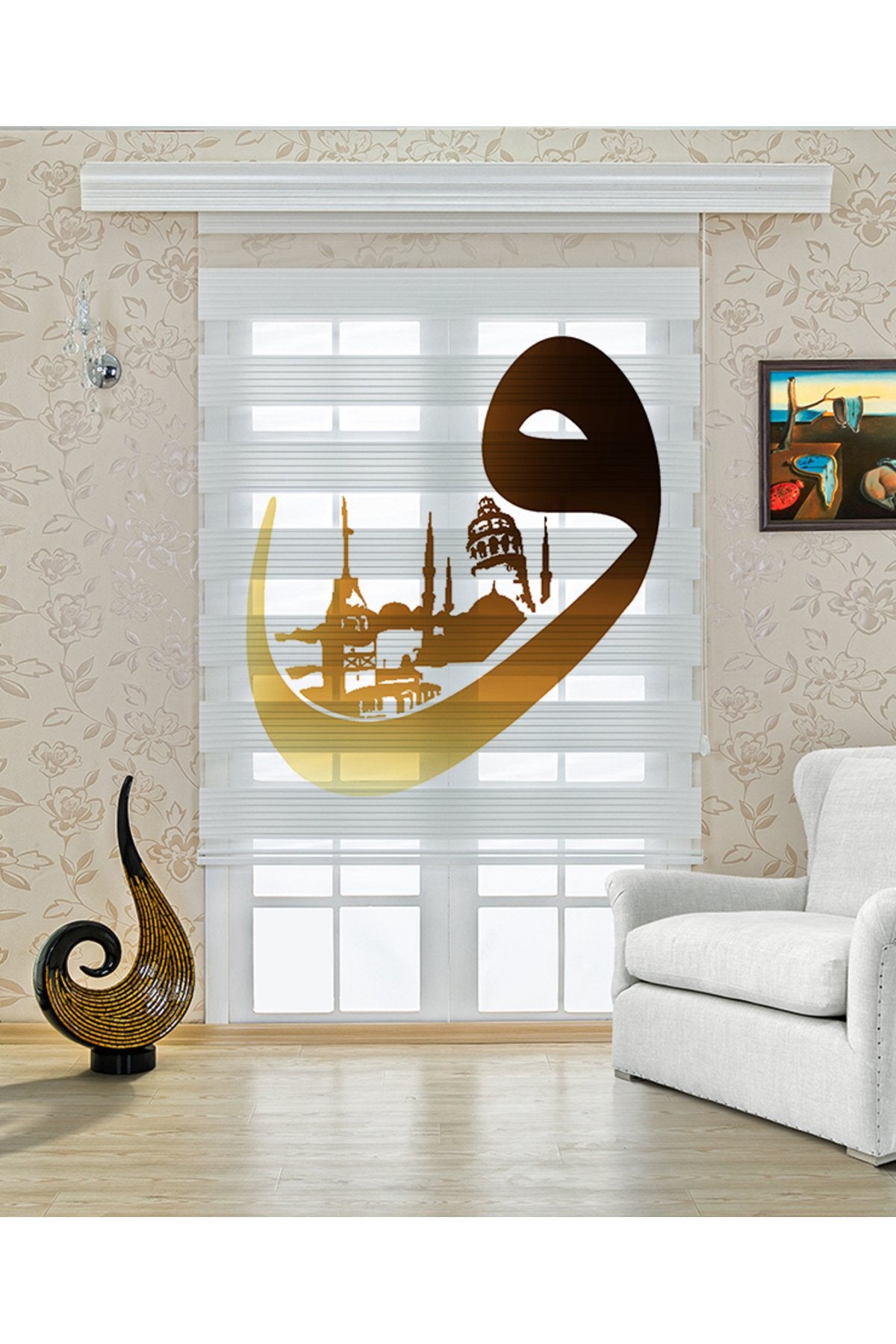 Salon – Altın Arapça Hat ve Cami Silüeti Desenli Zebra Perde – YZN-425