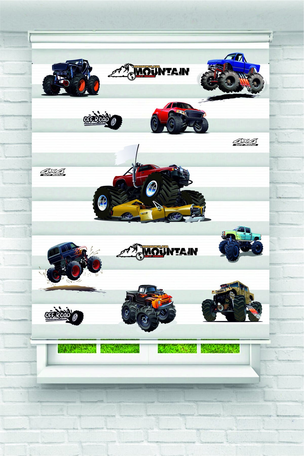 Çocuk odası- Büyük Monster Truck Araçlar Desenli Zebra Perde - YZN-1108