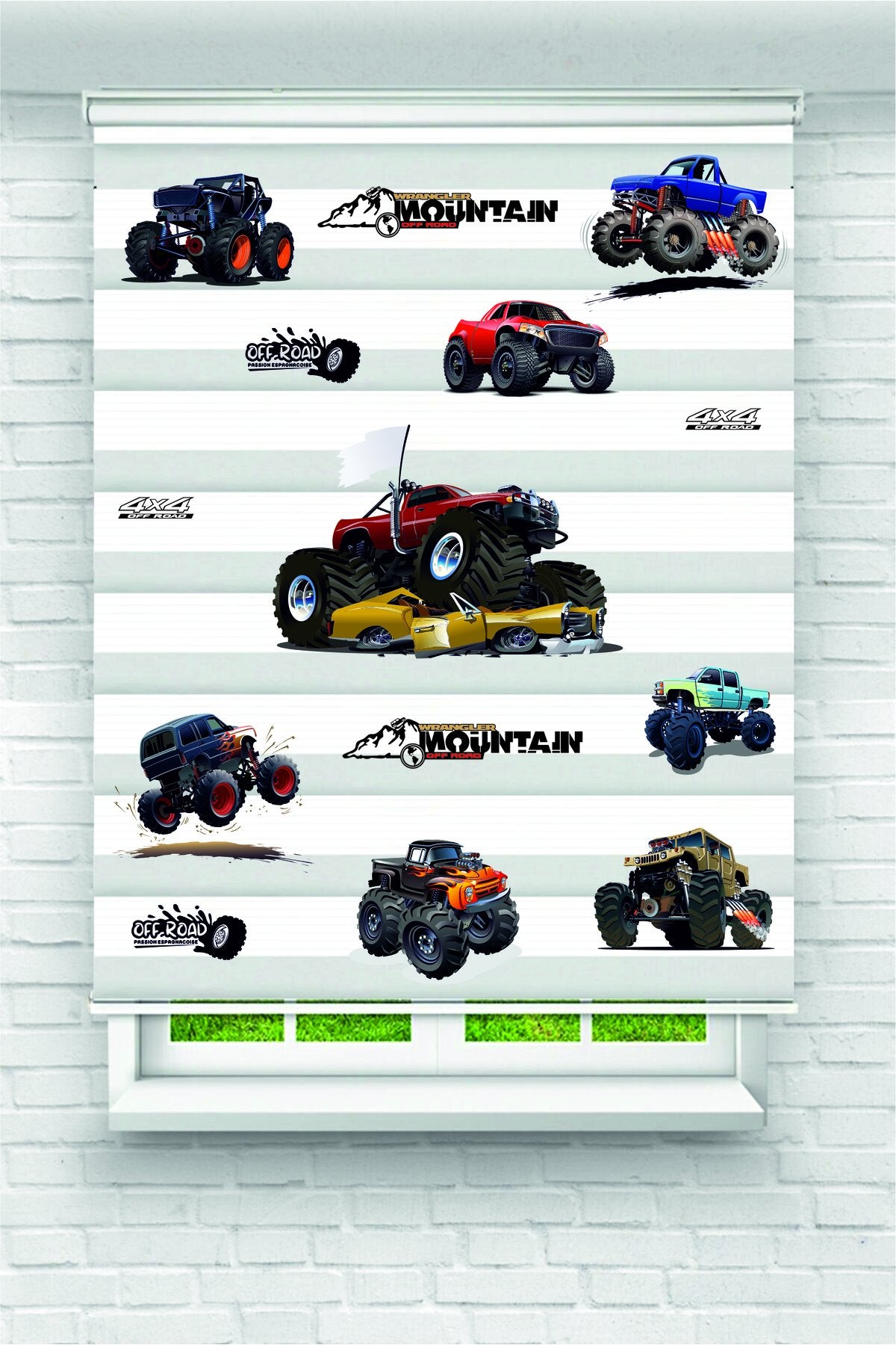 Çocuk odası- Büyük Monster Truck Araçlar Desenli Zebra Perde - YZN-1108