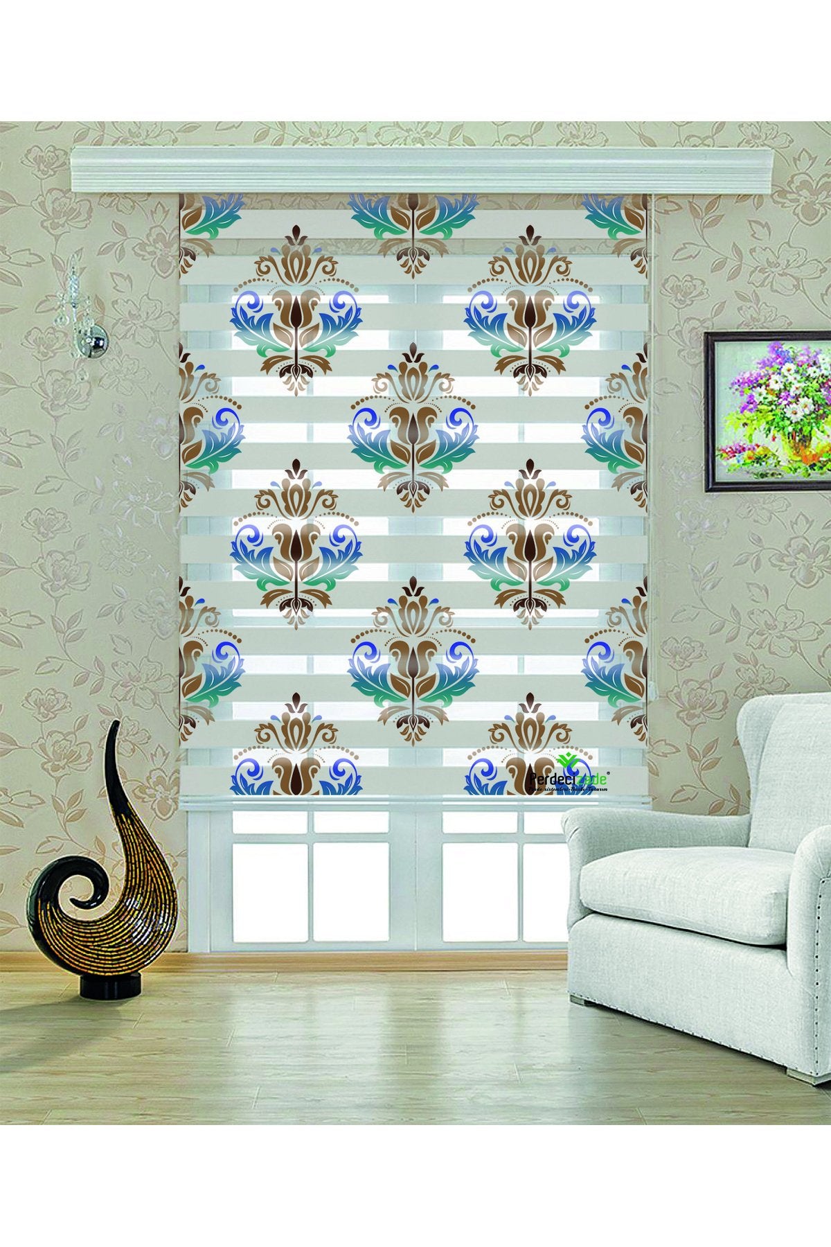 Çocuk odası- Renkli Klasik Damask Desenli Zebra Perde - YZN-550