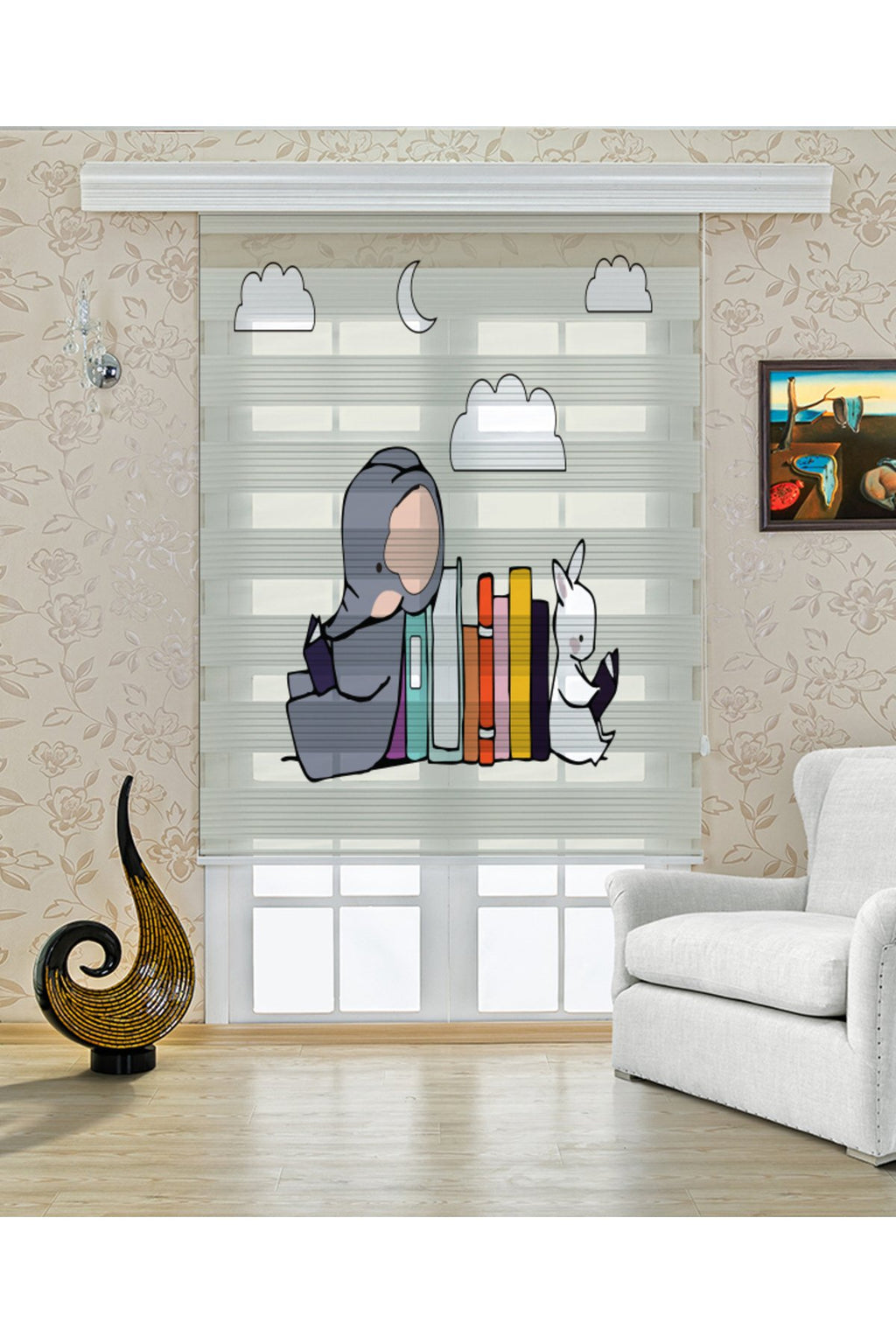 Çocuk odası- Kitap Okuyan Çocuk ve Kedi Desenli Zebra Perde - YZN-305