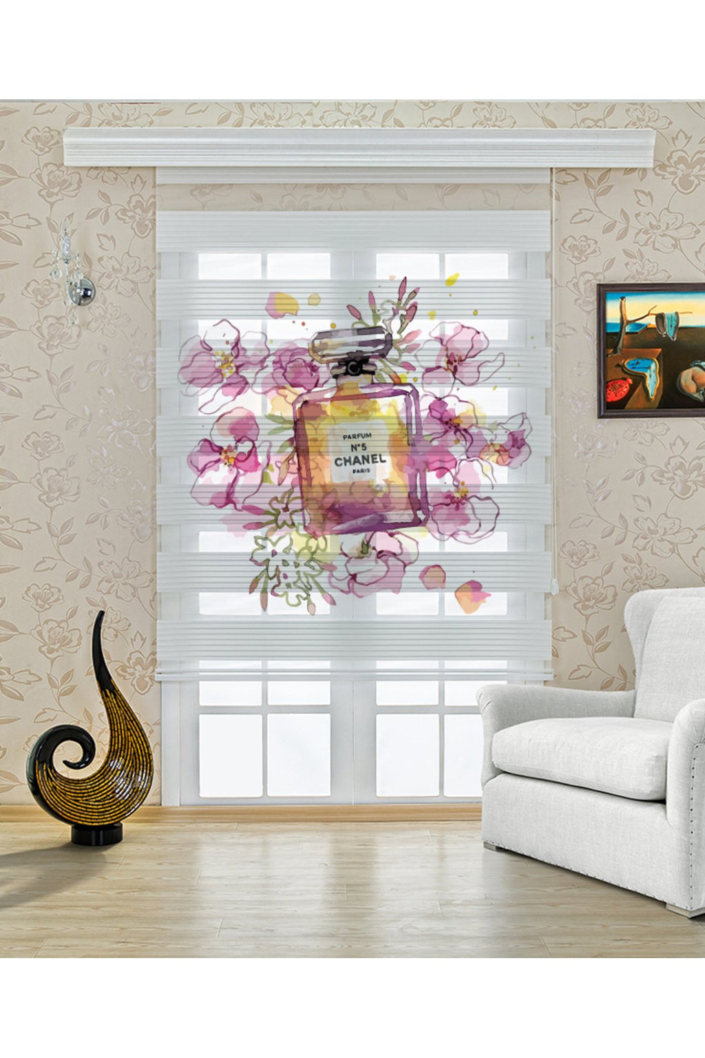 Parfüm Şişesi ve Çiçek Desenli Zarif Zebra Perde – YZN-423
