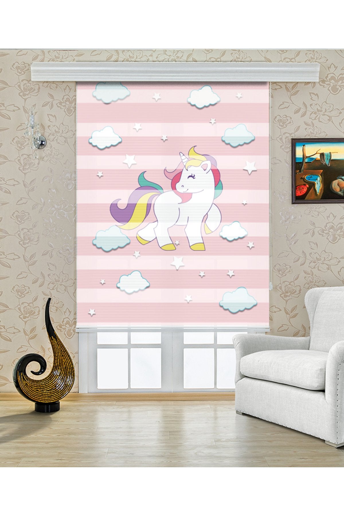 Bulutlar Üzerinde Unicorn Desenli Zebra Perde - YZN-L-289