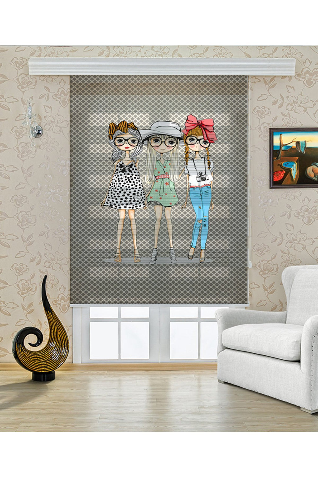 Çocuk odası – Üç Kız Arkadaş Desenli Zebra Perde – YZN-246