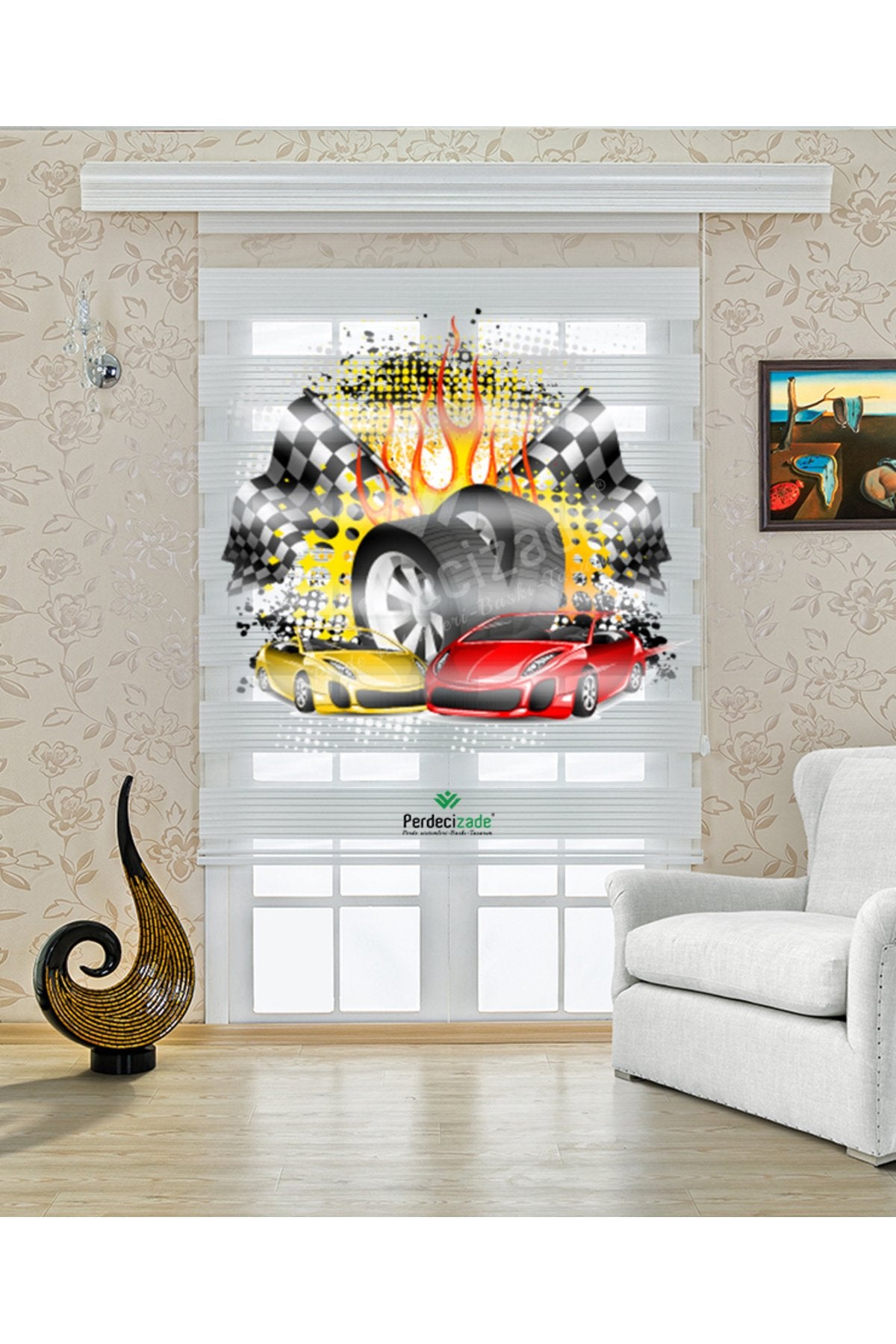 Çocuk odası- Alevli Lastik ve Spor Araba Desenli Zebra Perde - YZN-709