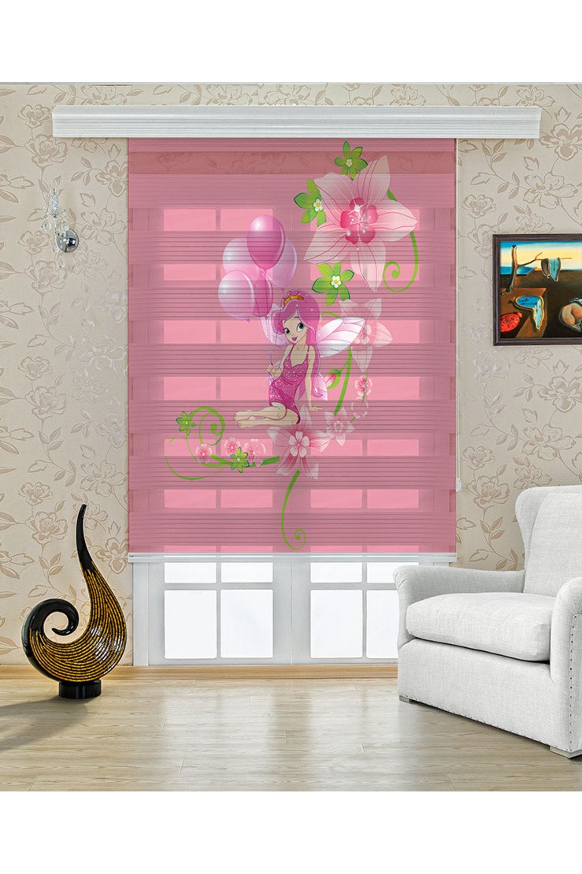 Çocuk odası – Pembe Orkide Desenli Zebra Perde – YZN-206