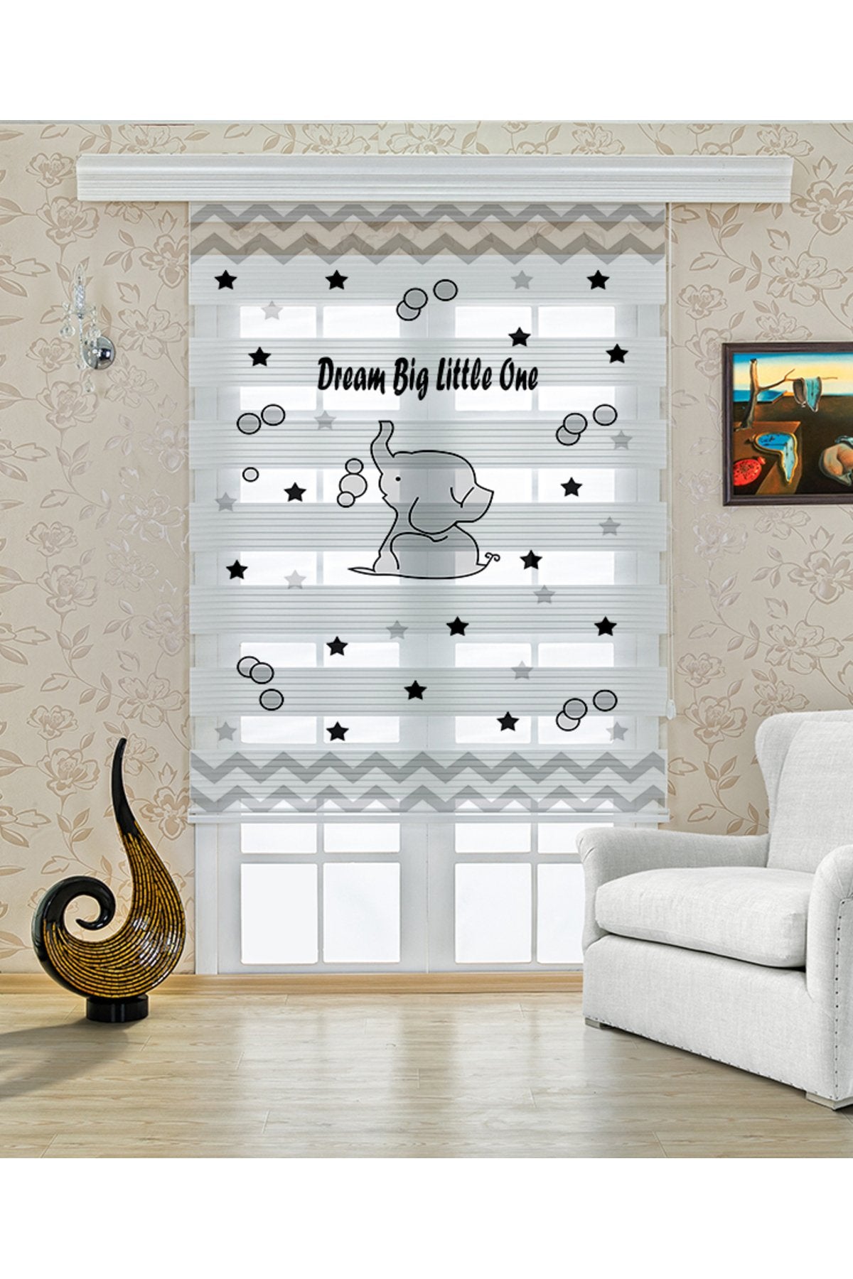 Dream Big Little One Yazılı Fil ve Yıldızlar Desenli Zebra Perde - YZN-429