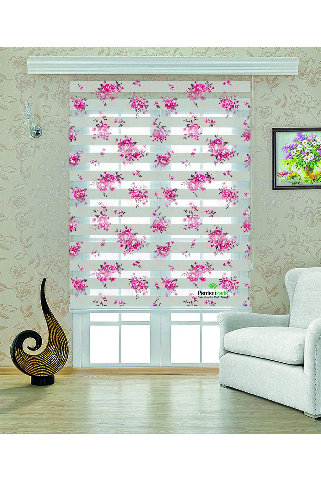 Romantik Pembe Gül Desenli Şık Zebra Perde – YZN-532