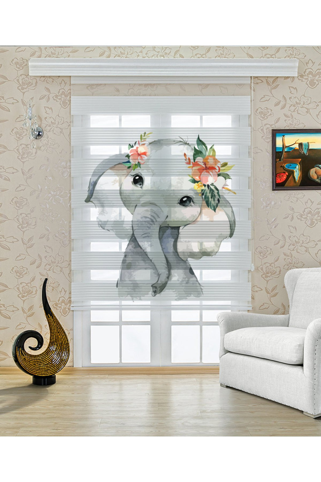 Çocuk Odası – Çiçek Taçlı Fil Desenli Zebra Perde – YZN-419