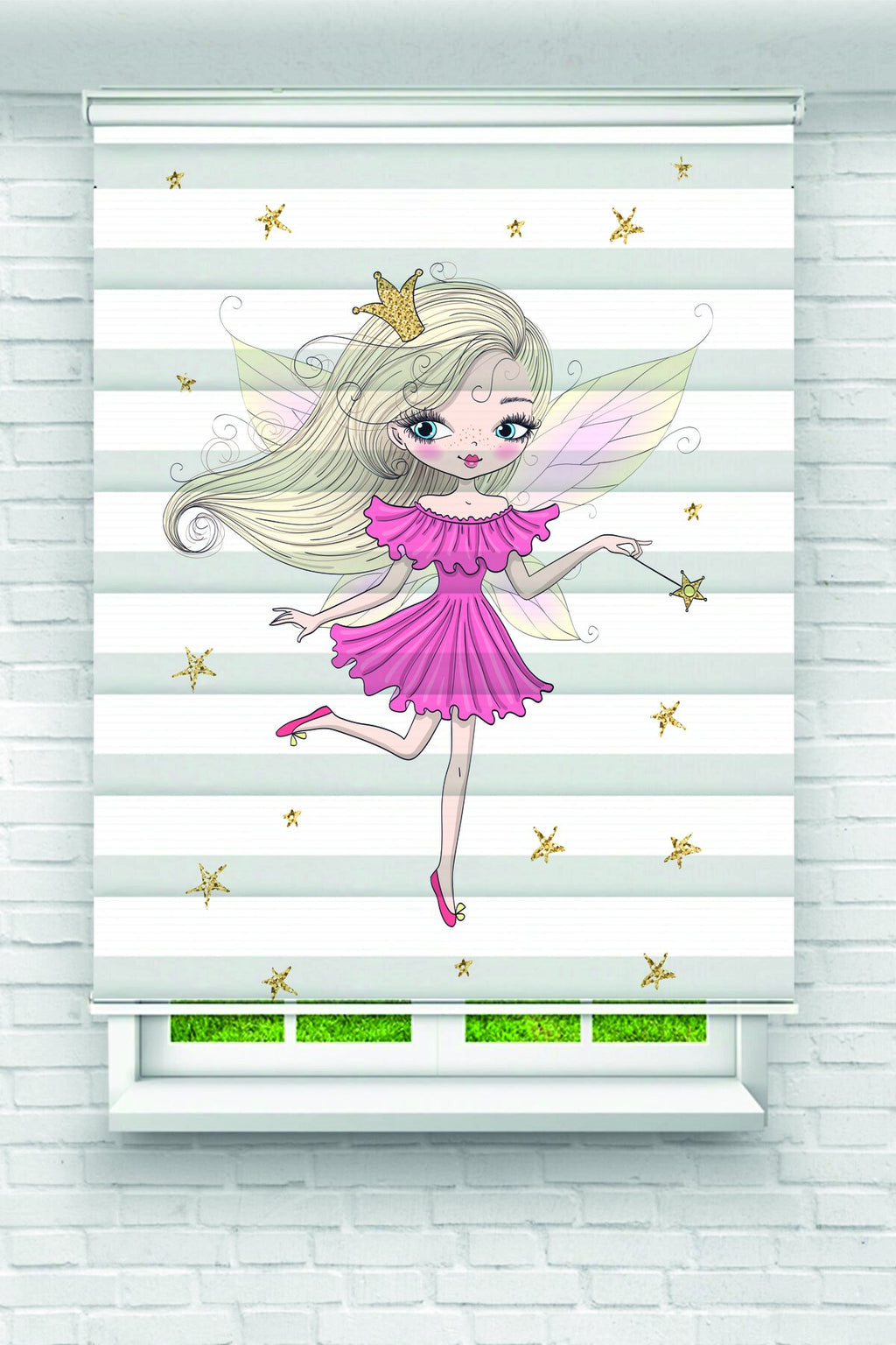 Pembe Peri Kız Gold Baskılı Zebra Perde-Bebek Çocuk Odası Baskılı Zebra Perde LA-1153