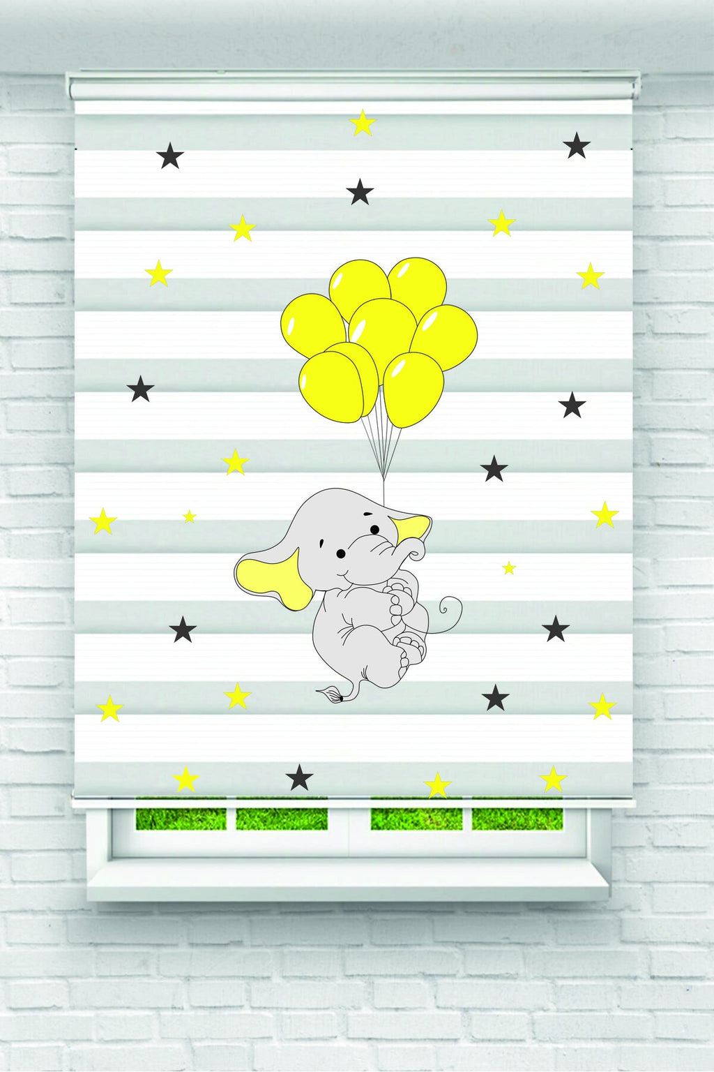 Çocuk odası- Sarı Balonlu Uçan Fil ve Yıldızlar Desenli Zebra Perde - YZN-L-301