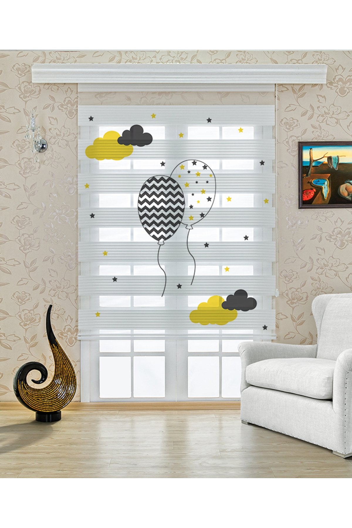 Çocuk odası- Bulutlar Arasında Uçan Balon Desenli Zebra Perde - YZN-465