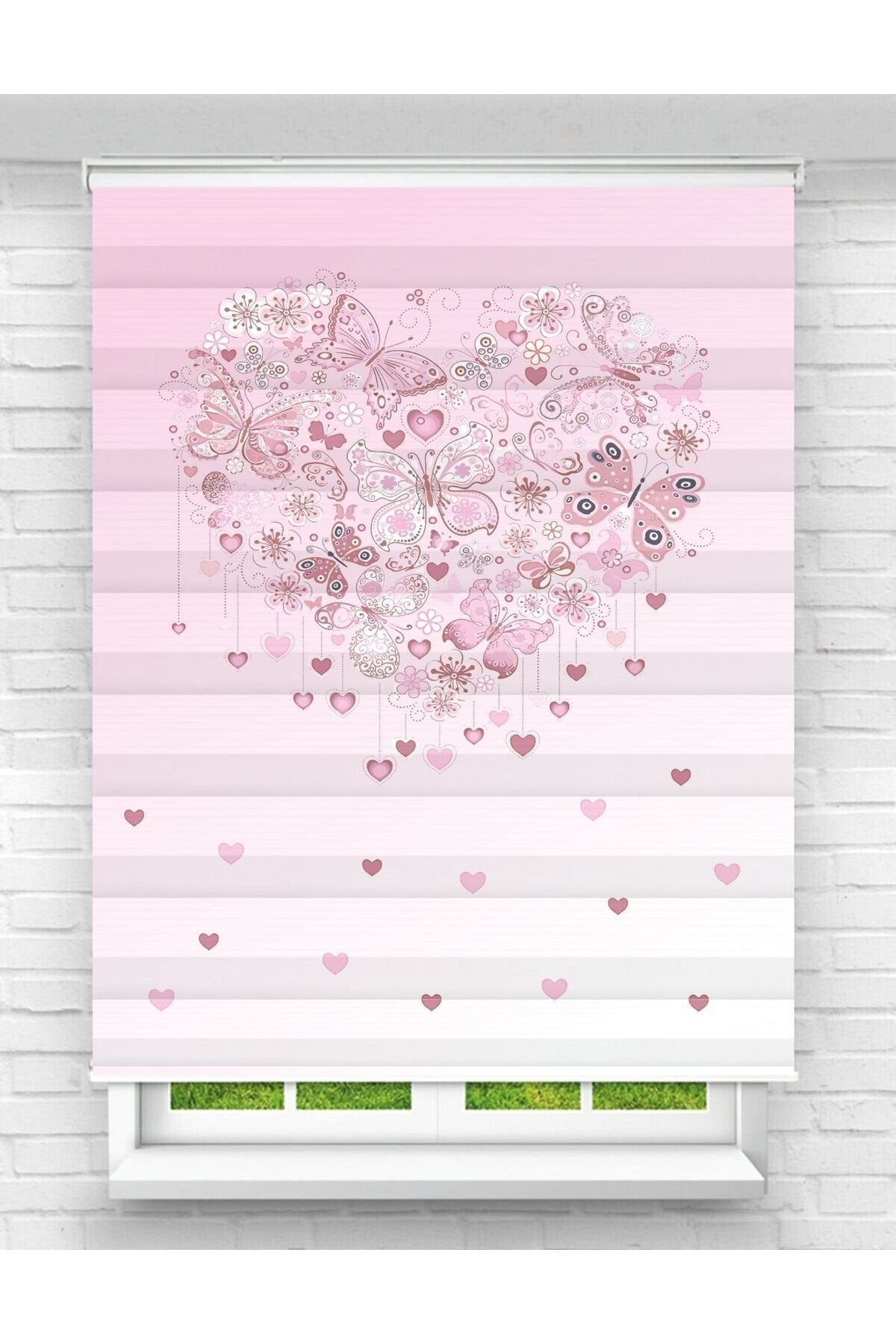 Çocuk odası – Kalp ve Kelebek Desenli Pembe Zebra Perde – YZN-173