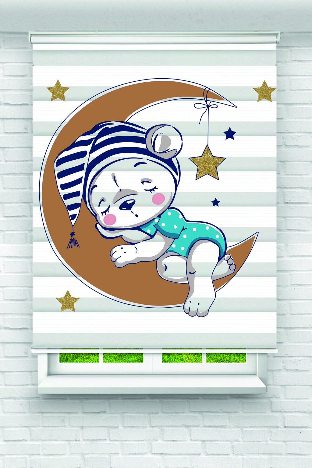 Çocuk odası- Ay Üstünde Uykucu Bebek Ayıcık Desenli Zebra Perde - YZN-L-318