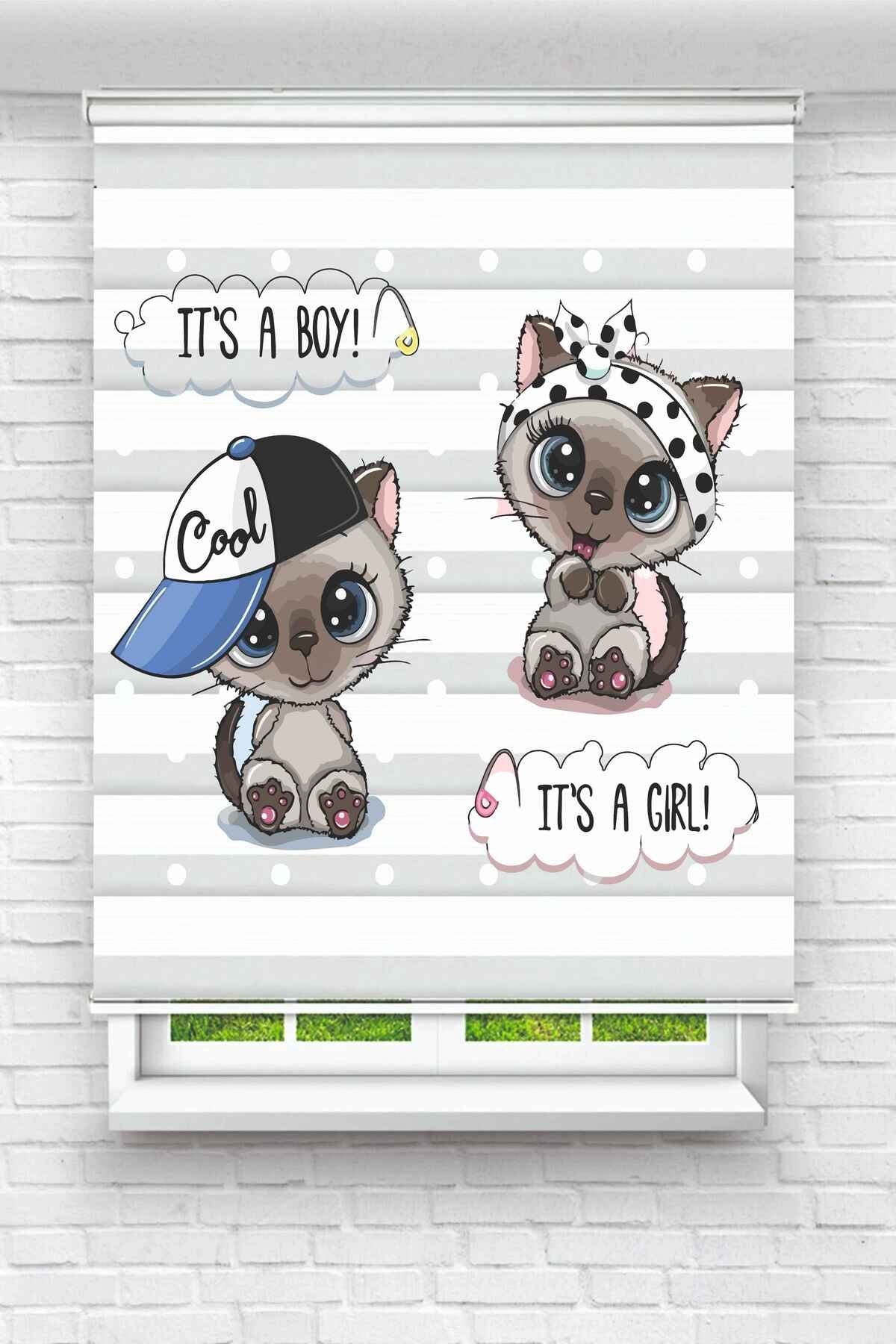 Şapkalı İkiz Kedicikler (It’s a Boy & It’s a Girl) Zebra Perde - YZN-162