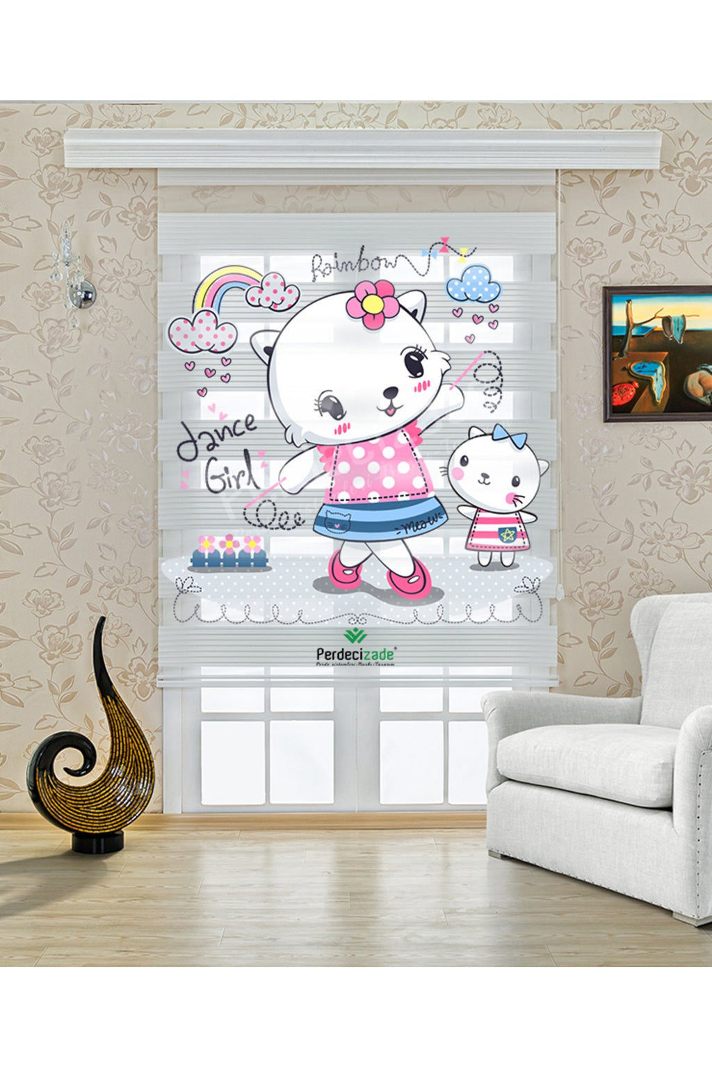 Çocuk odası - Sevimli Kedi Karakterli Zebra Perde - YZN-718