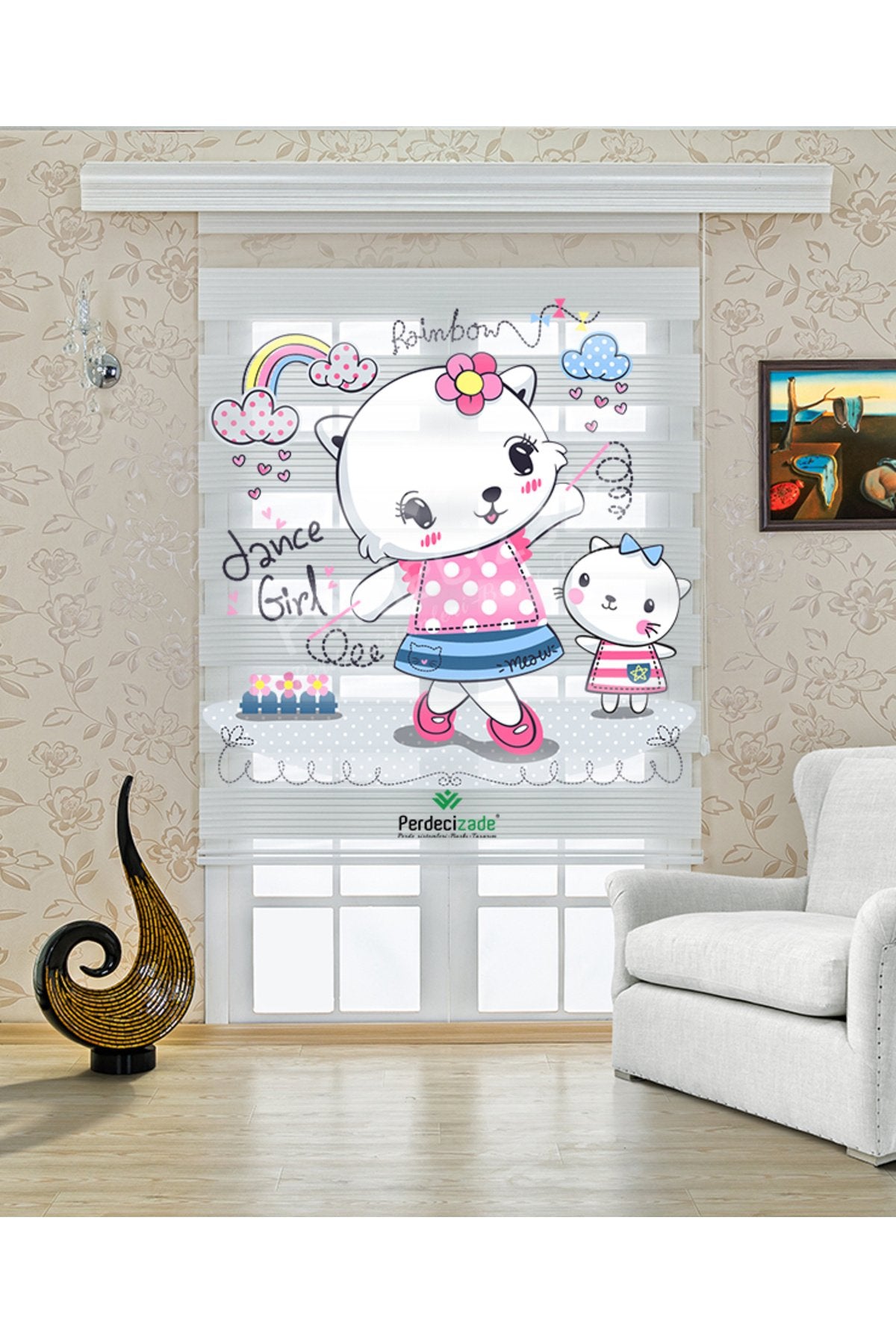 Çocuk odası - Sevimli Kedi Karakterli Zebra Perde - YZN-718