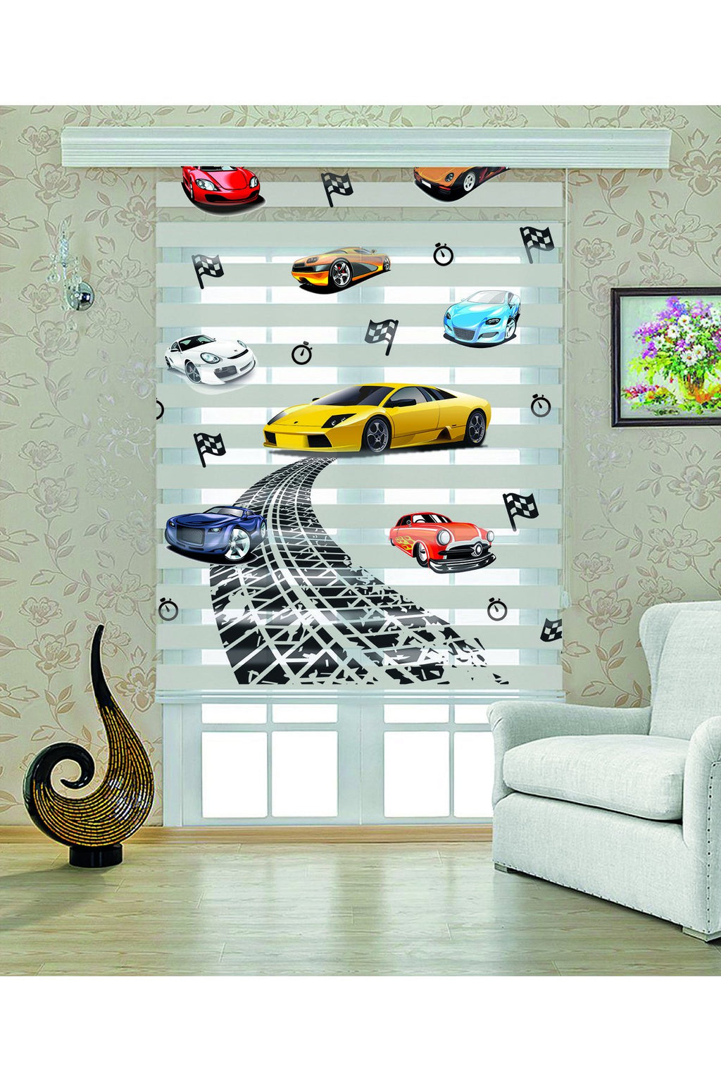 Çocuk odası- Spor Arabalar ve Yarış Pisti Desenli Zebra Perde - YZN-501