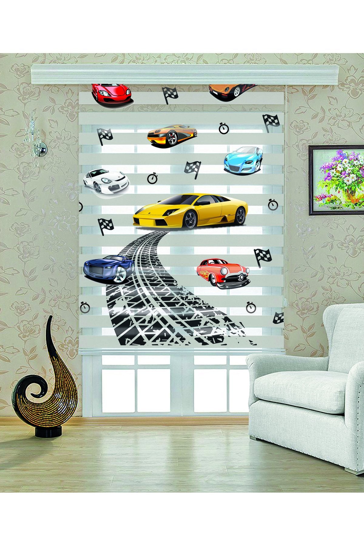 Çocuk odası- Spor Arabalar ve Yarış Pisti Desenli Zebra Perde - YZN-501