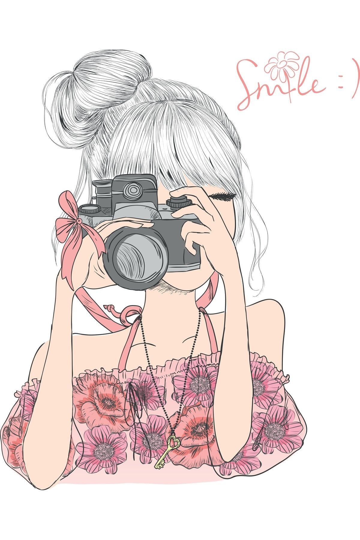 Çocuk odası- Çiçekli Elbise Giyen Fotoğraf Makinesi Tutan Kız Desenli Halı - 736-1