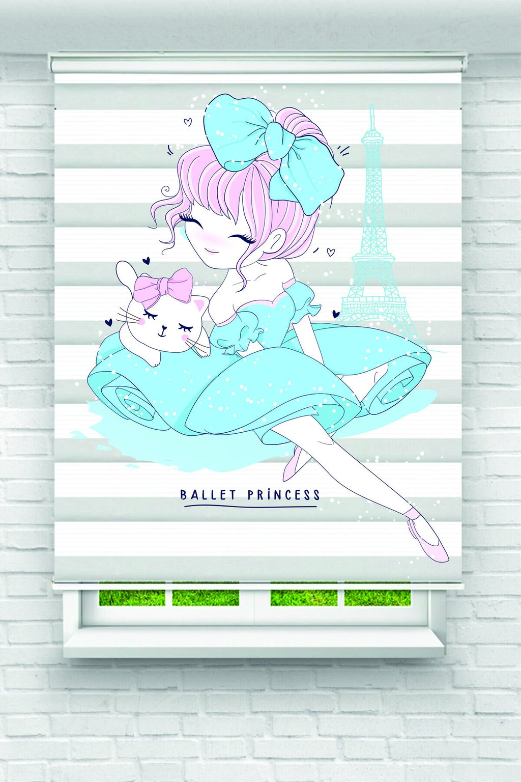 Eyfel Kulesi ve Kedi Figürlü Mavi Elbiseli Kız Desenli Zebra Perde - YZN-1113