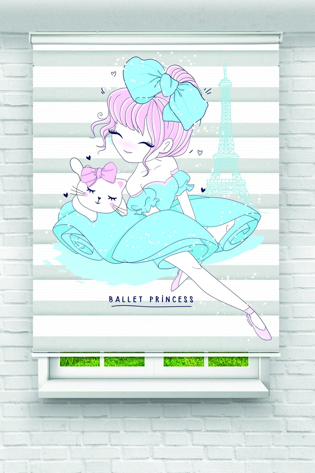 Eyfel Kulesi ve Kedi Figürlü Mavi Elbiseli Kız Desenli Zebra Perde - YZN-1113