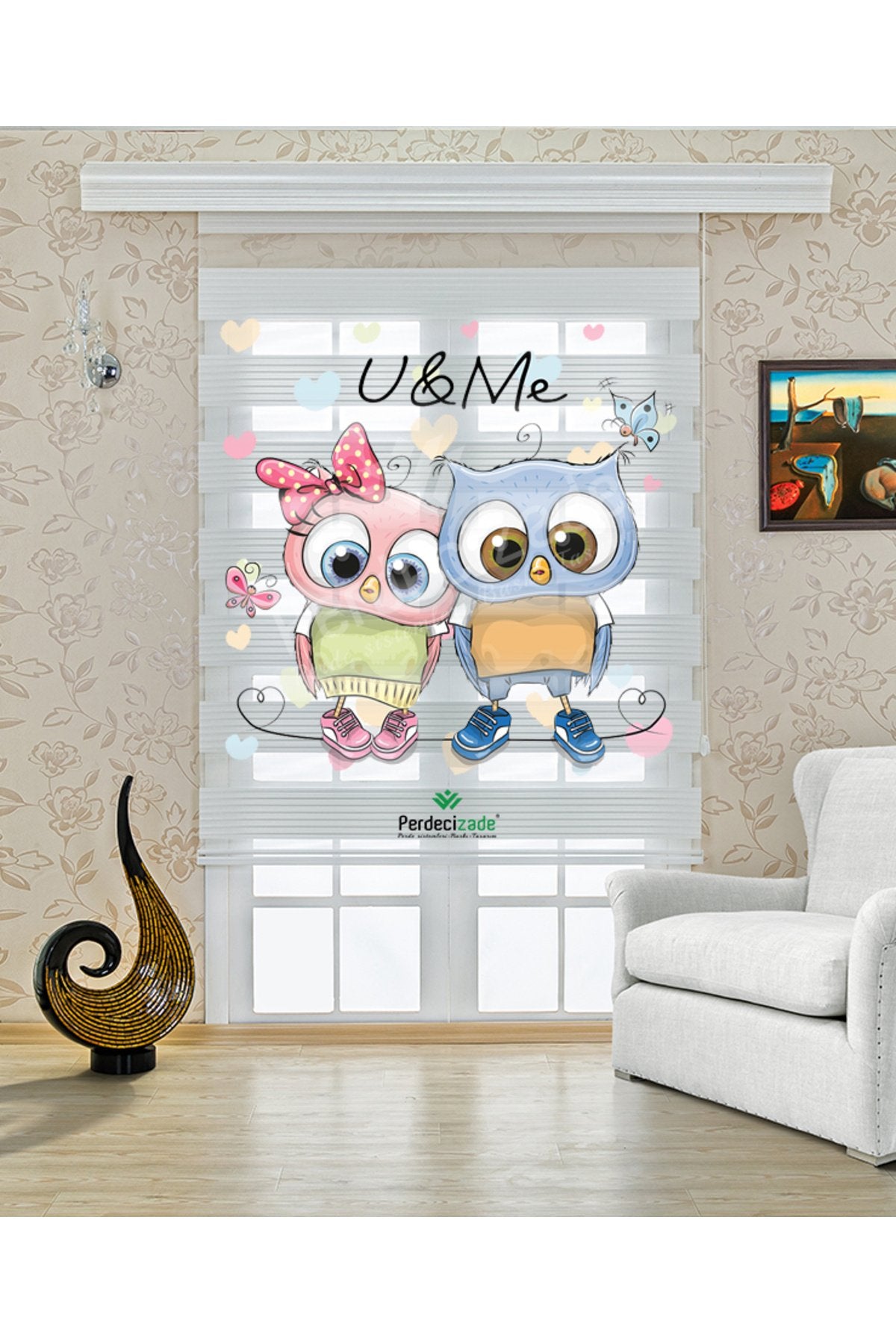 Çocuk odası - Baykuş Çifti U&Me Yazılı Zebra Perde - YZN-719