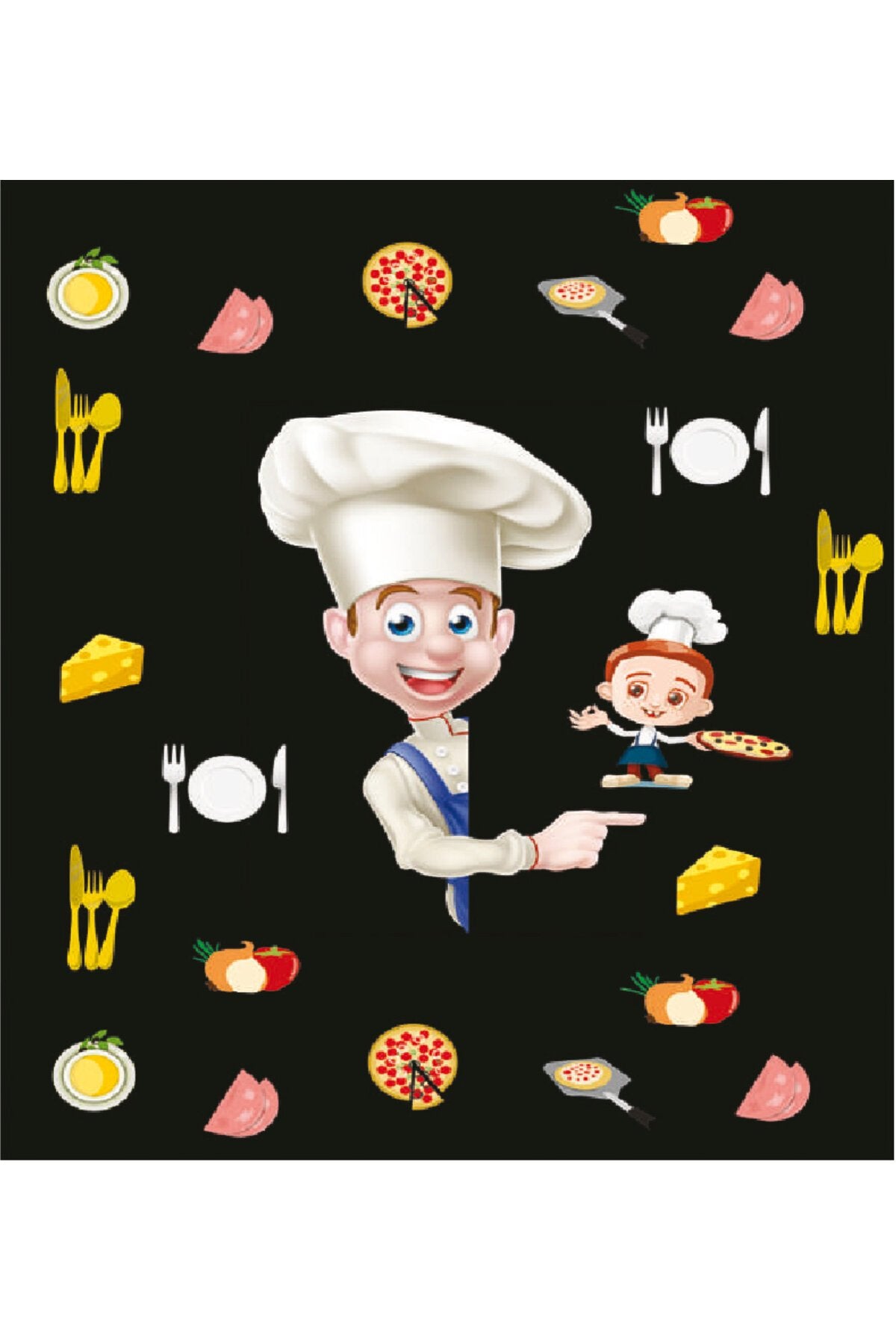 Şef Aşçı ve Pizza Malzemeleri Desenli Zebra Perde - aa-453