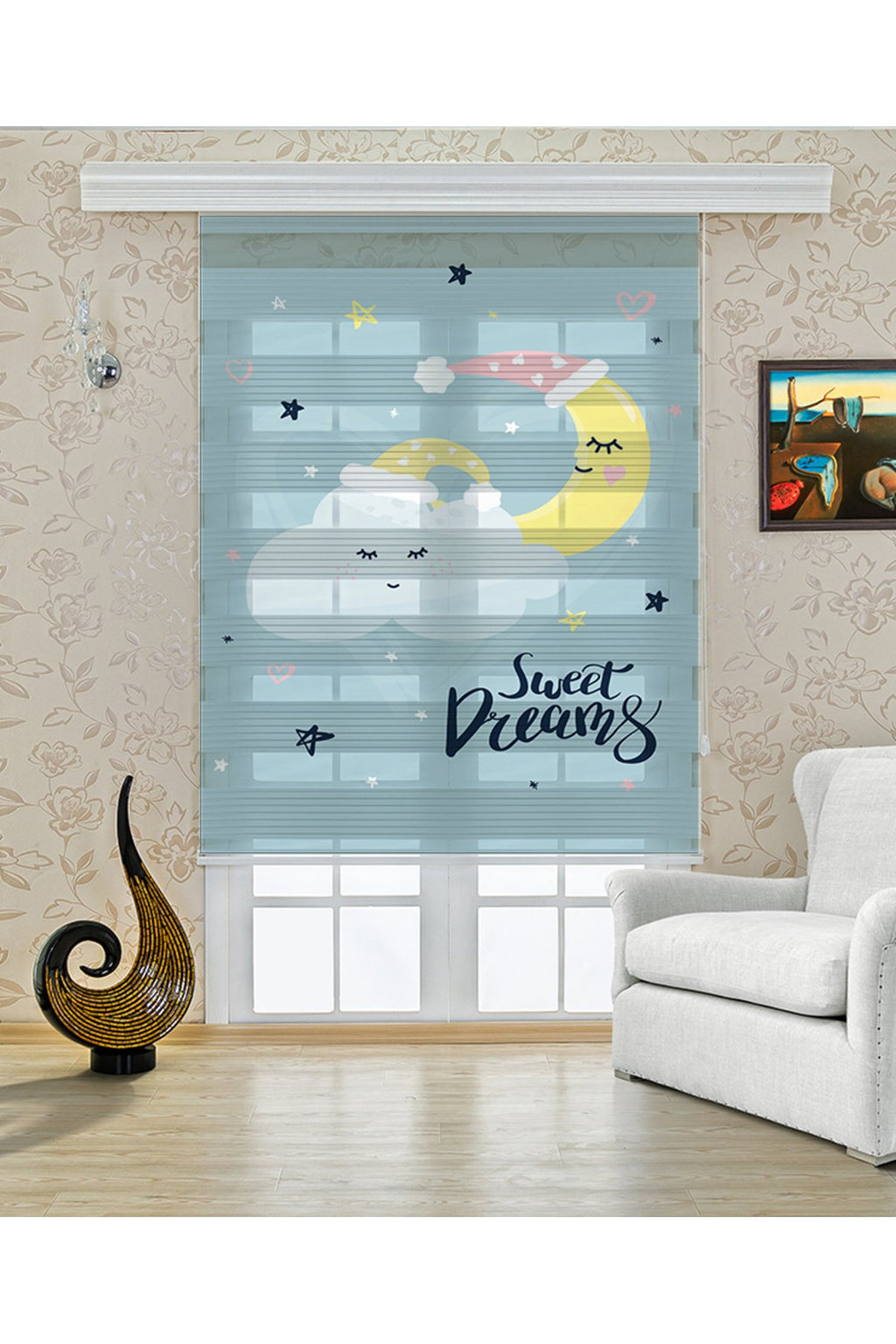 Çocuk odası- Bulutlar ve Ay Sweet Dreams Yazılı Zebra Perde - YZN-329