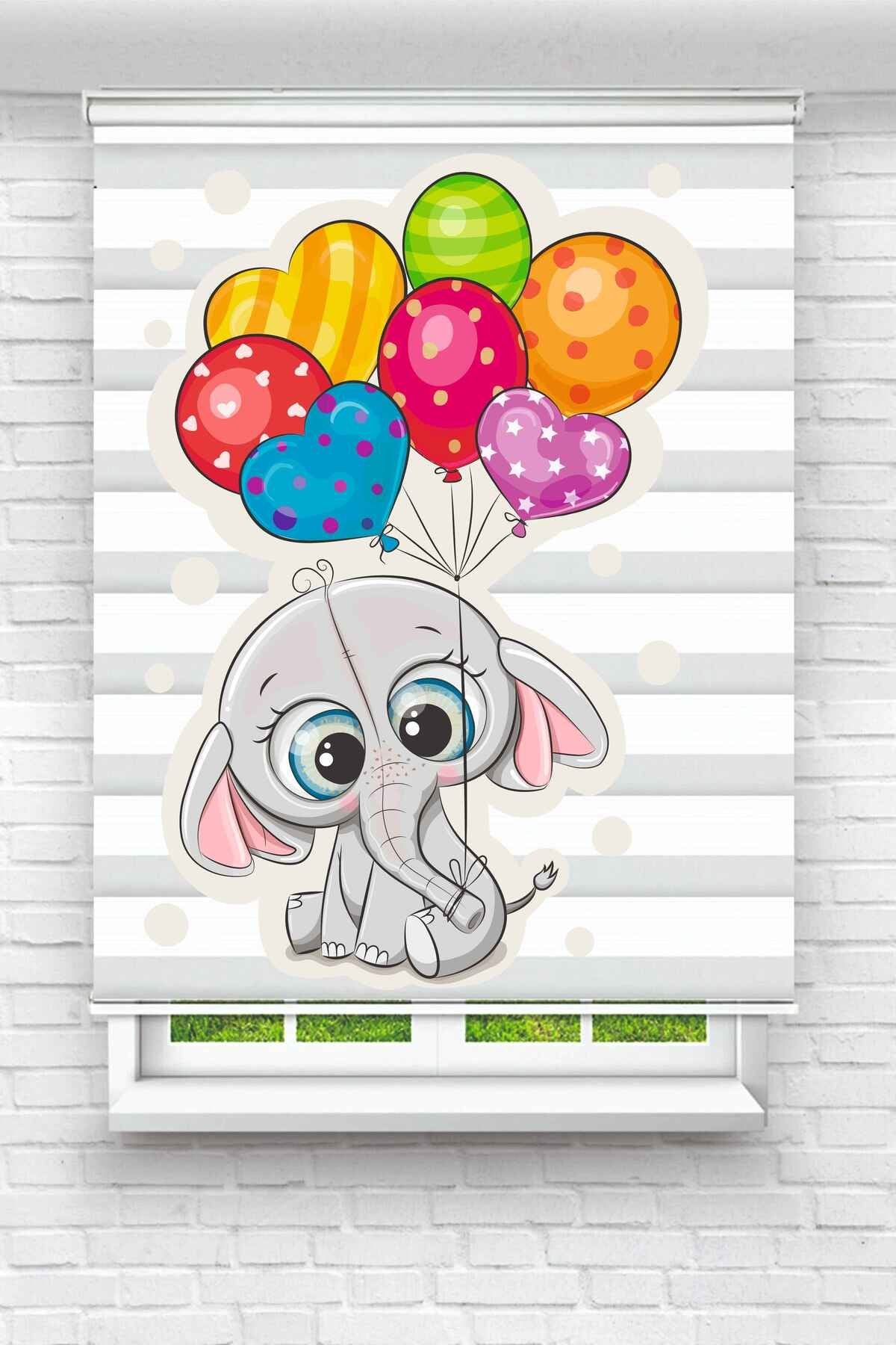 Renkli Balon Tutan Sevimli Fil Desenli Zebra Perde - YZN-168
