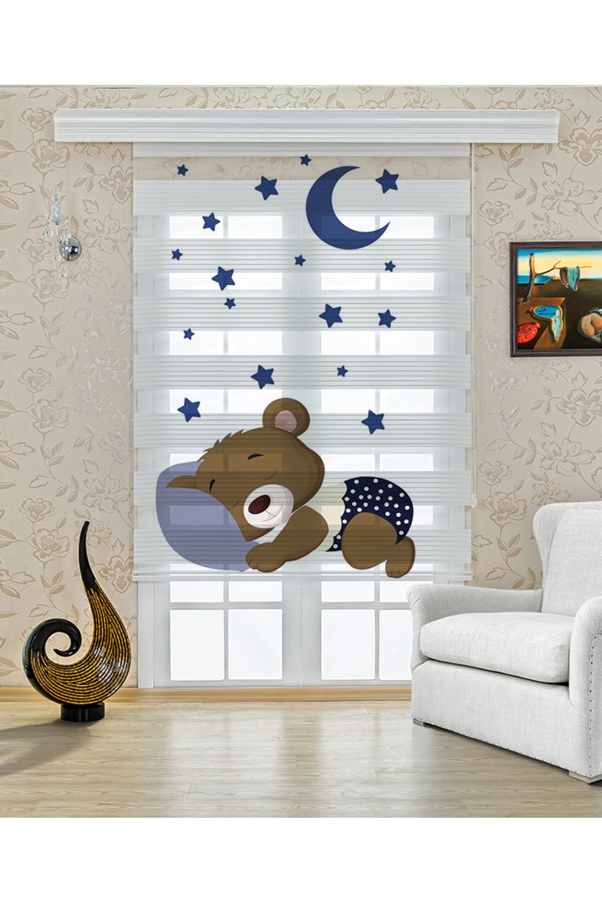 Ay ve Yıldızlar Arasında Uykucu Ayıcık Desenli Zebra Perde - YZN-469