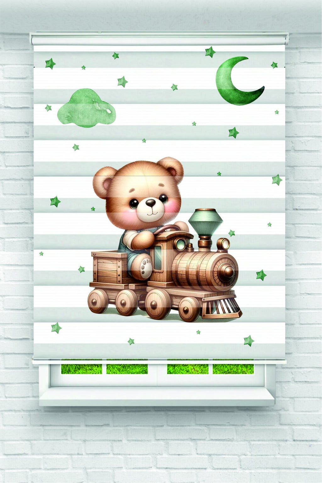 Çocuk odası- Ayıcık Tren ve Ay Yıldızlar Desenli Zebra Perde - YZN-1141