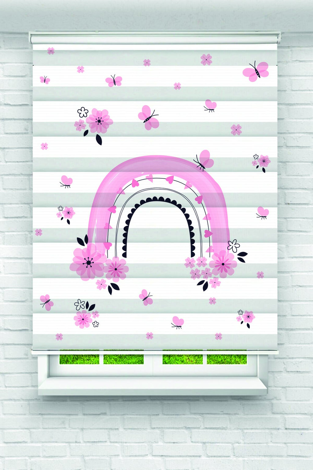 Pastel Pembe Gökkuşağı Kelebek Çiçek Baskılı Bebek Çocuk Odası Baskılı Zebra Perde LA-1155
