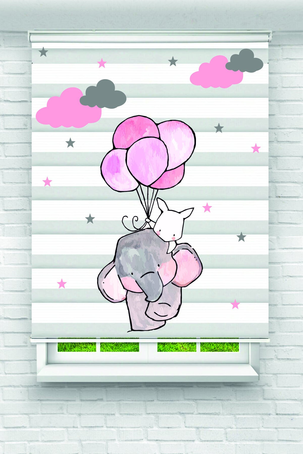 Çocuk odası - Balon Tutan Uçan Fil Desenli Zebra Perde - YZN-L-320