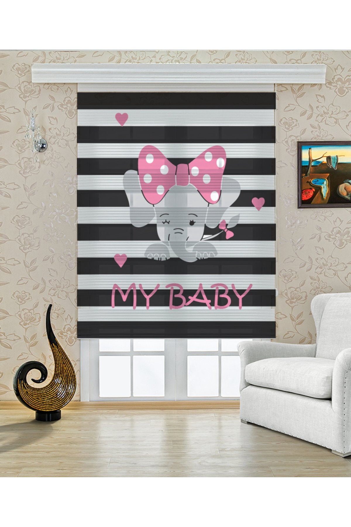 Çocuk odası – Pembe Kurdeleli Sevimli Fil “My Baby” Zebra Perde – YZN-320