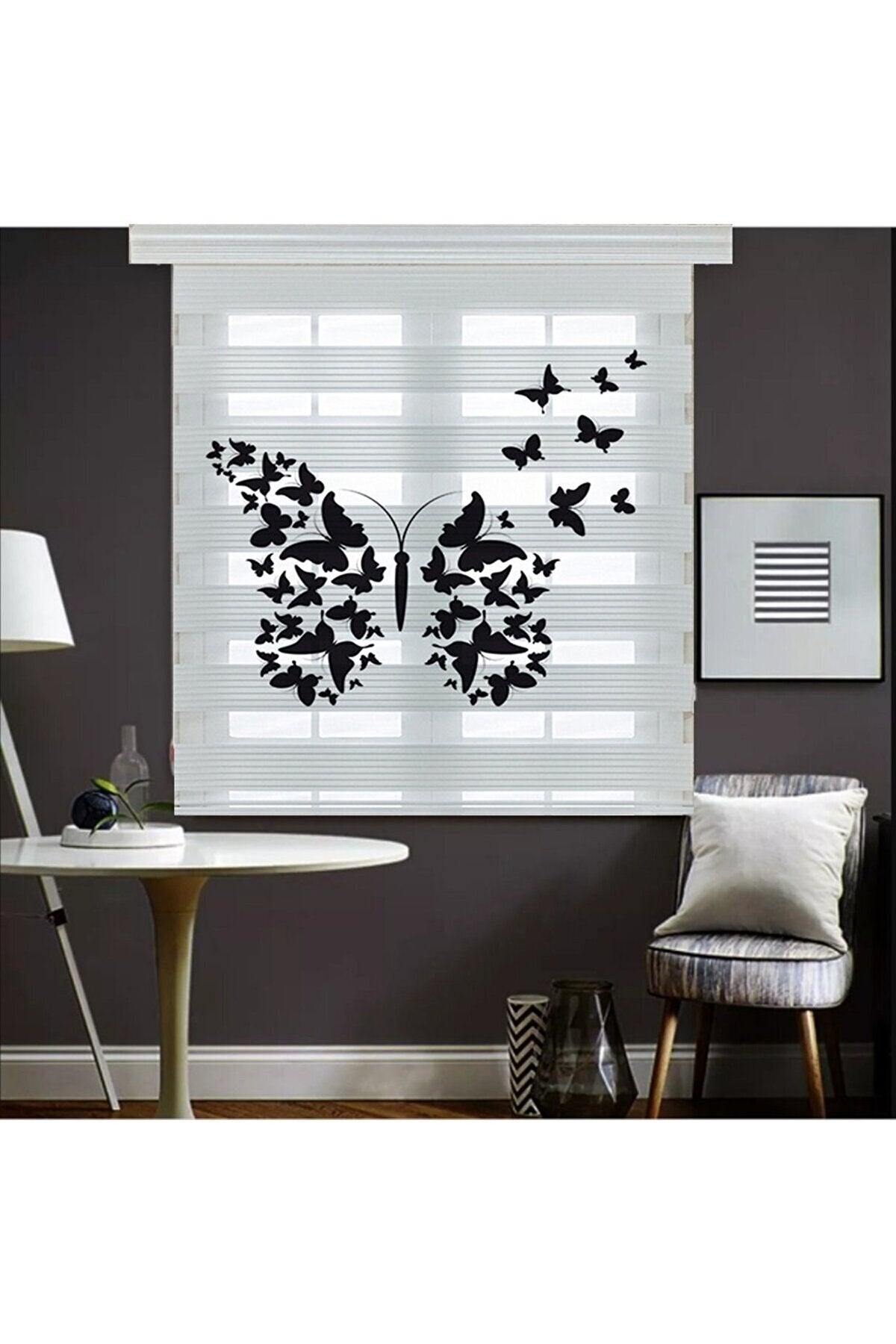 Siyah Kelebek Desenli Modern Zebra Perde – YZN-177
