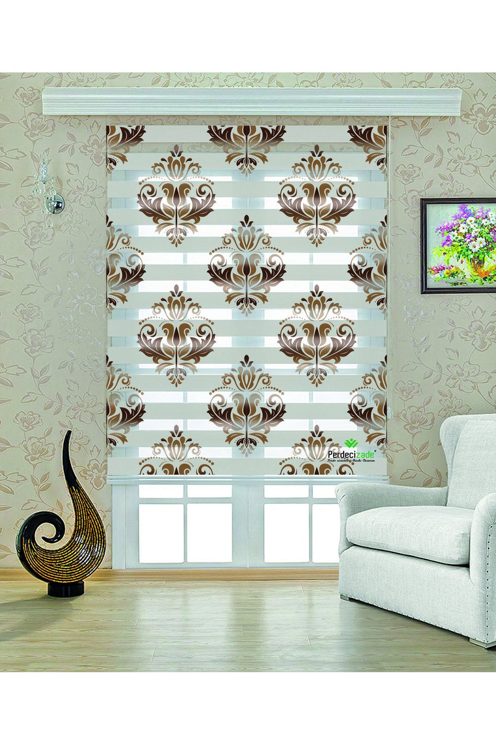 Çocuk odası- Kahverengi Klasik Damask Desenli Zebra Perde - YZN-548
