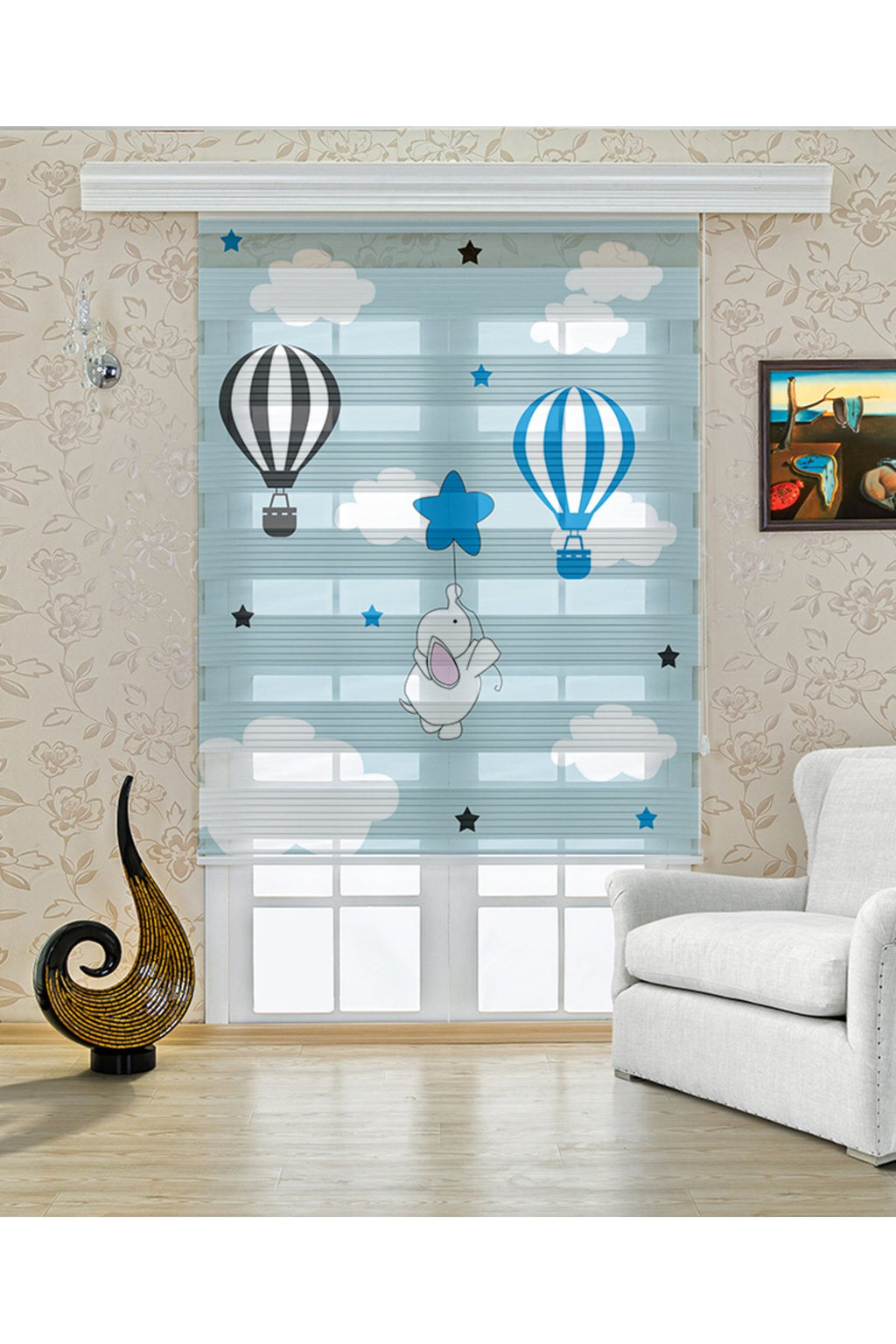 Çocuk odası- Bulutlar Arasında Sıcak Hava Balonları Desenli Zebra Perde - YZN-566