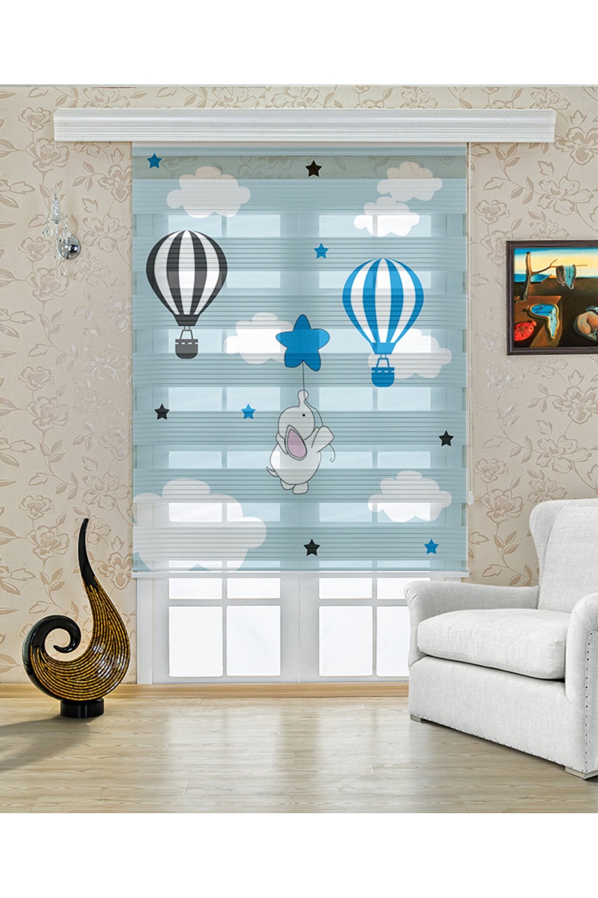 Çocuk odası- Bulutlar Arasında Sıcak Hava Balonları Desenli Zebra Perde - YZN-566