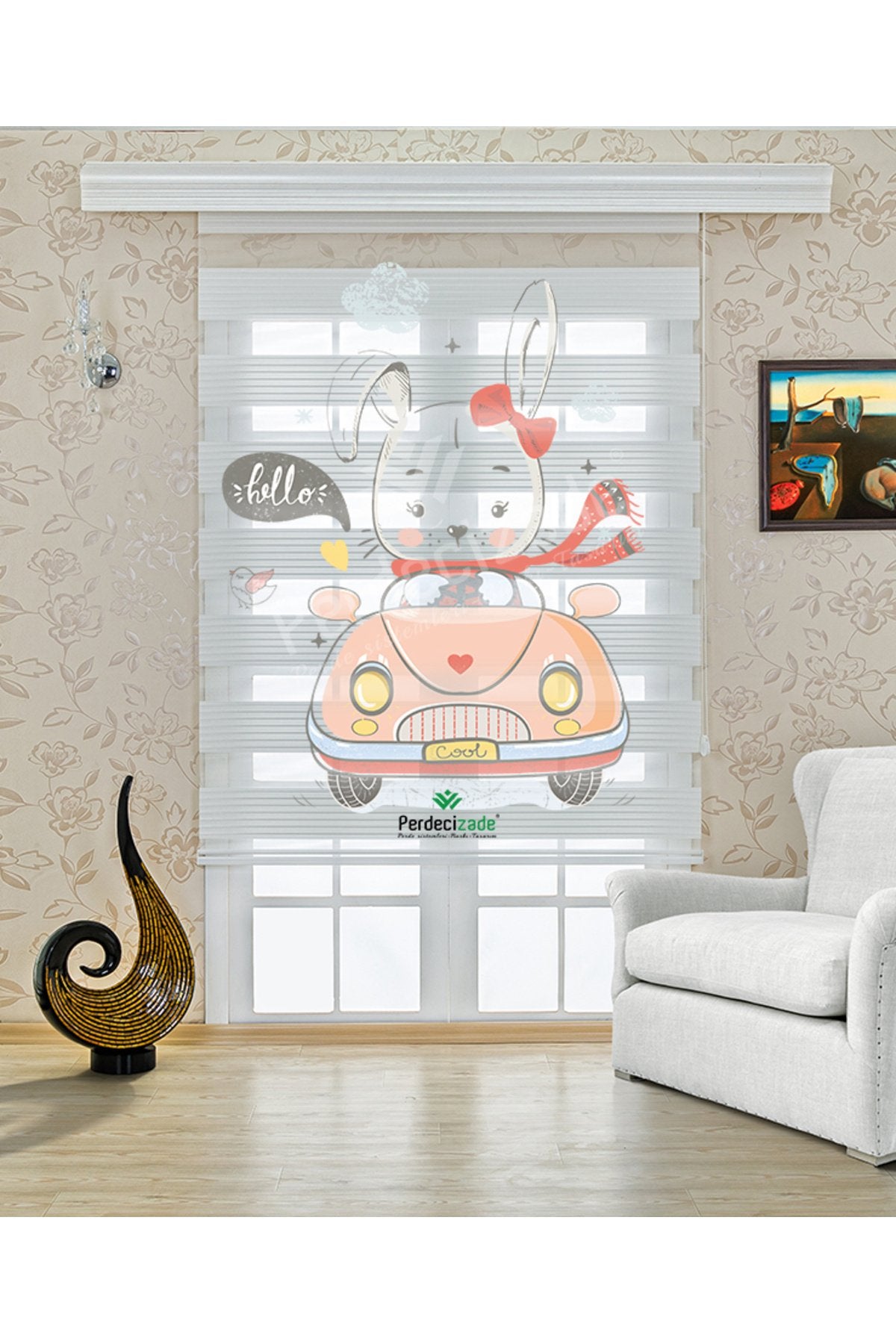 Çocuk odası - Tavşan ve Araba Desenli Zebra Perde - YZN-717