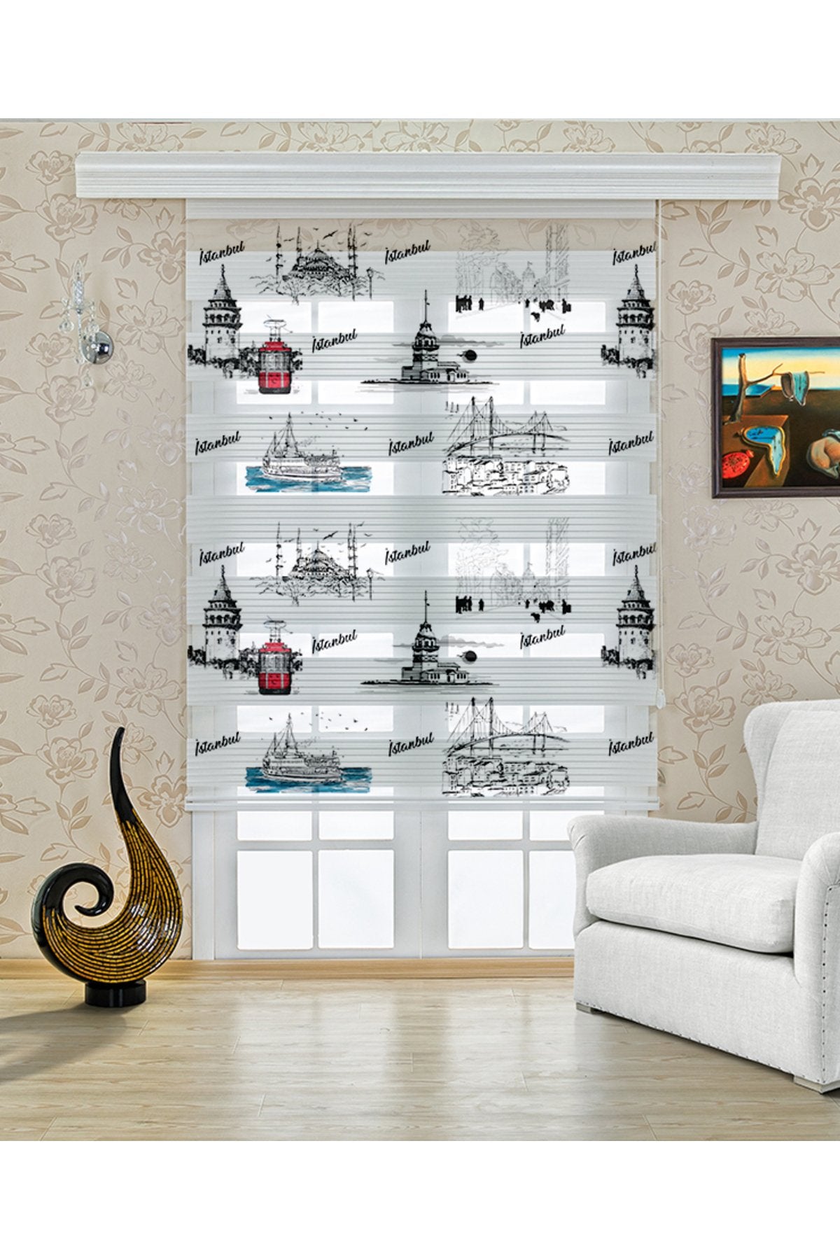 Salon – İstanbul Boğazı ve Vapur Desenli Zebra Perde – YZN-436