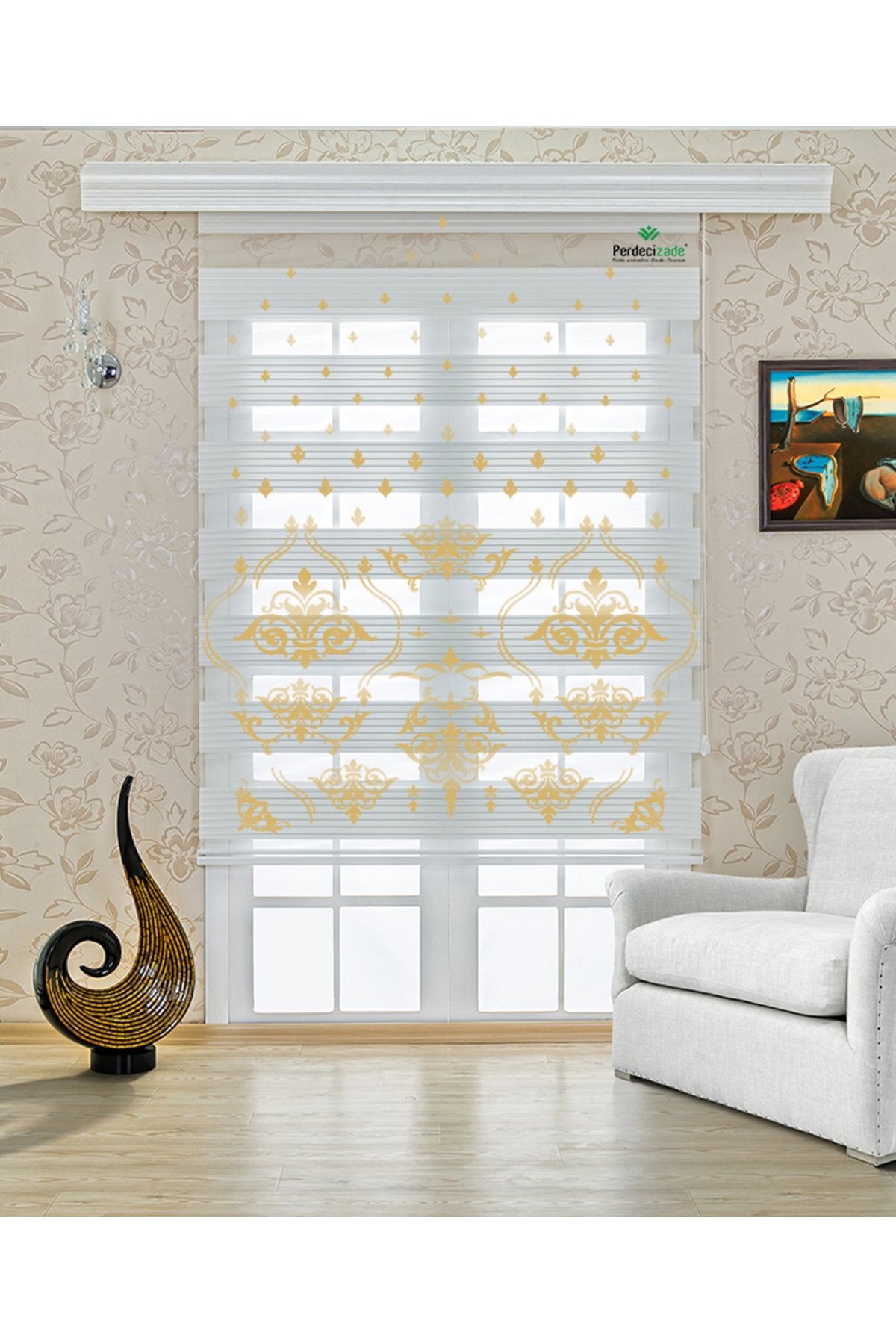 Altın Sarısı Yaprak Motifli Şık Zebra Perde – YZN-510