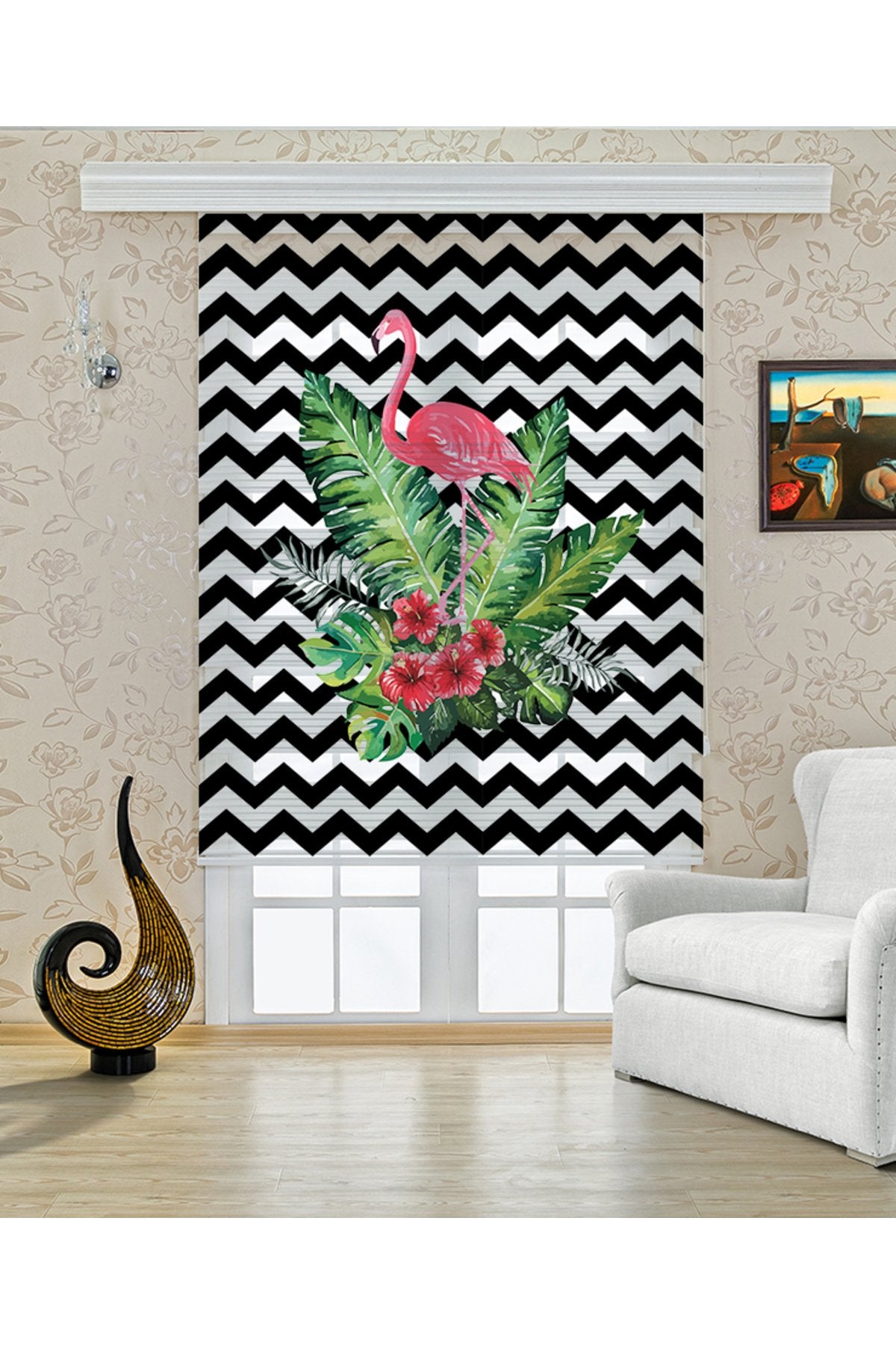 Flamingo ve Tropikal Yaprak Desenli Siyah Zigzag Zebra Perde – YZN-482