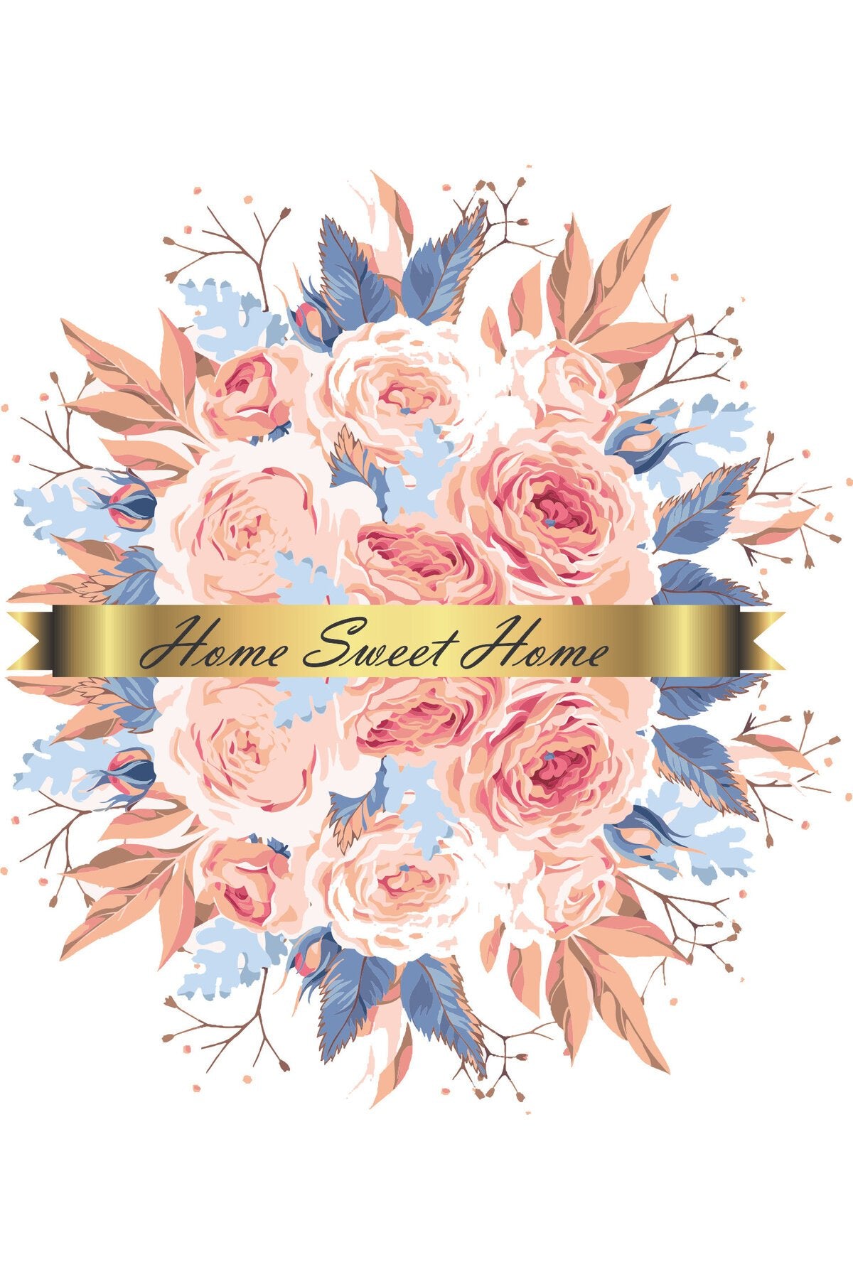 Pembe ve Mavi Çiçekli Home Sweet Home Zebra Perde – la100